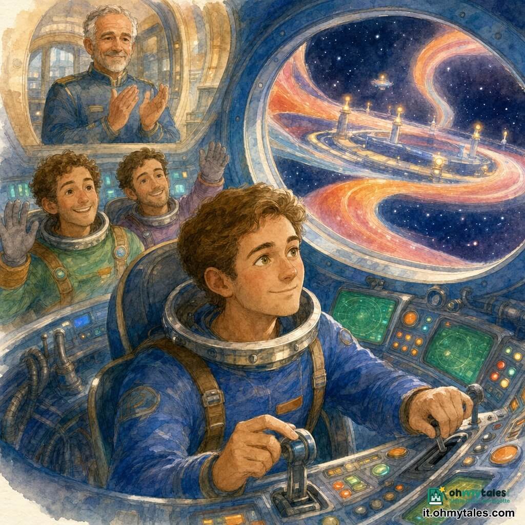 Un uomo, Leo, sereno ma concentrato, volto rotondo, occhi nocciola brillanti, capelli castani corti e casco argentato spostato sulla nuca, aggiusta le leve della consolle della sua piccola navetta blu "Stella Azzurra" mentre il comandante, viso segnato e sorriso rassicurante, lo osserva e applaude da una vetrata della stazione; due amici in tute spaziali colorate lo incoraggiano alle sue spalle. Il cockpit è piccolo e circolare con pannelli luminosi, schermi e riflessi metallici, e un ampio oblò sull'esterno dove il Campo Solare Orbitale mostra nastri di luce arancione, rosa e blu che ondeggiano e piccole balise gialle lampeggianti in fila. La scena principale mostra Leo che corregge la pressione del portello con le mani sulle leve, un'allarme rossa attenuata e le balise che guidano la navetta verso la sicurezza. Stile acquerello morbido, colori pastello saturi, tratti sottili e texture della carta visibile, atmosfera calda e piena di meraviglia.