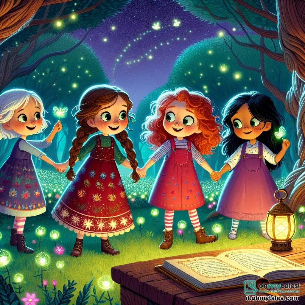 Quattro bambine di sei anni si trovano insieme in un antico parco magico, circondate da alberi maestosi e fiori luminosi che brillano nell'oscurità. Clara, la leader, ha lunghi capelli castani intrecciati e indossa un vestito rosso con motivi di lucciole, sorridendo con determinazione. Accanto a lei, Sofia, con capelli biondi ricci e un vestito celeste, osserva con meraviglia una lucciola verde che scintilla nell'aria. Emma, con capelli castani e una salopette rosa, indica un antico libro magico su un tavolo di legno, i suoi occhi brillano di curiosità. Infine, Mia, con capelli neri e un vestito viola, si tiene leggermente in disparte, tenendo una piccola lanterna che illumina il loro cammino, con un sorriso fiducioso. Il parco è misterioso, con ombre danzanti e un cielo stellato, mentre un grande lampione dorato brilla al centro, illuminando la scena con una luce calda. Le quattro amiche scoprono un antico libro di magia che rafforza la barriera protettiva della loro città, mentre una lucciola magica le guida verso un'avventura indimenticabile.