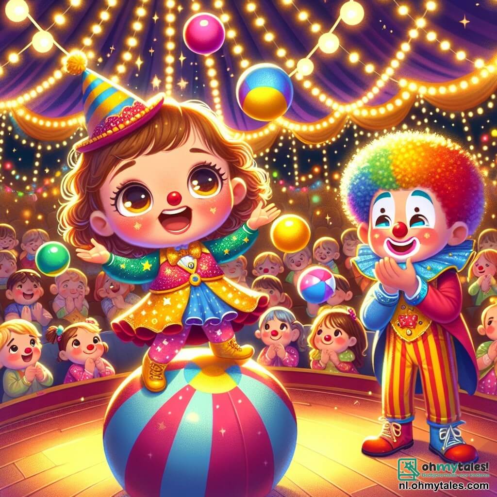 Een 3-jarig meisje, Lila, met grote glanzende ogen en krullend haar, glimlacht enthousiast terwijl ze met drie kleurrijke ballen jongleert. Ze draagt een sprankelend circus kostuum met gouden sterren en een grote grappige hoed. Naast haar staat Bobo, een vrolijke clown van ongeveer 30 jaar, met een wit geschilderd gezicht, een rode neus en grote schoenen, die Lila aanmoedigt met een brede glimlach. De achtergrond is een levendige circustent, vol met schitterende lichten en felle kleuren, met verwonderde toeschouwers die gefascineerd zijn door de voorstelling. In het midden van het podium probeert Lila, geconcentreerd en blij, te jongleren terwijl ze op een grote bal staat, wat een sfeer van magie en geluk creëert.