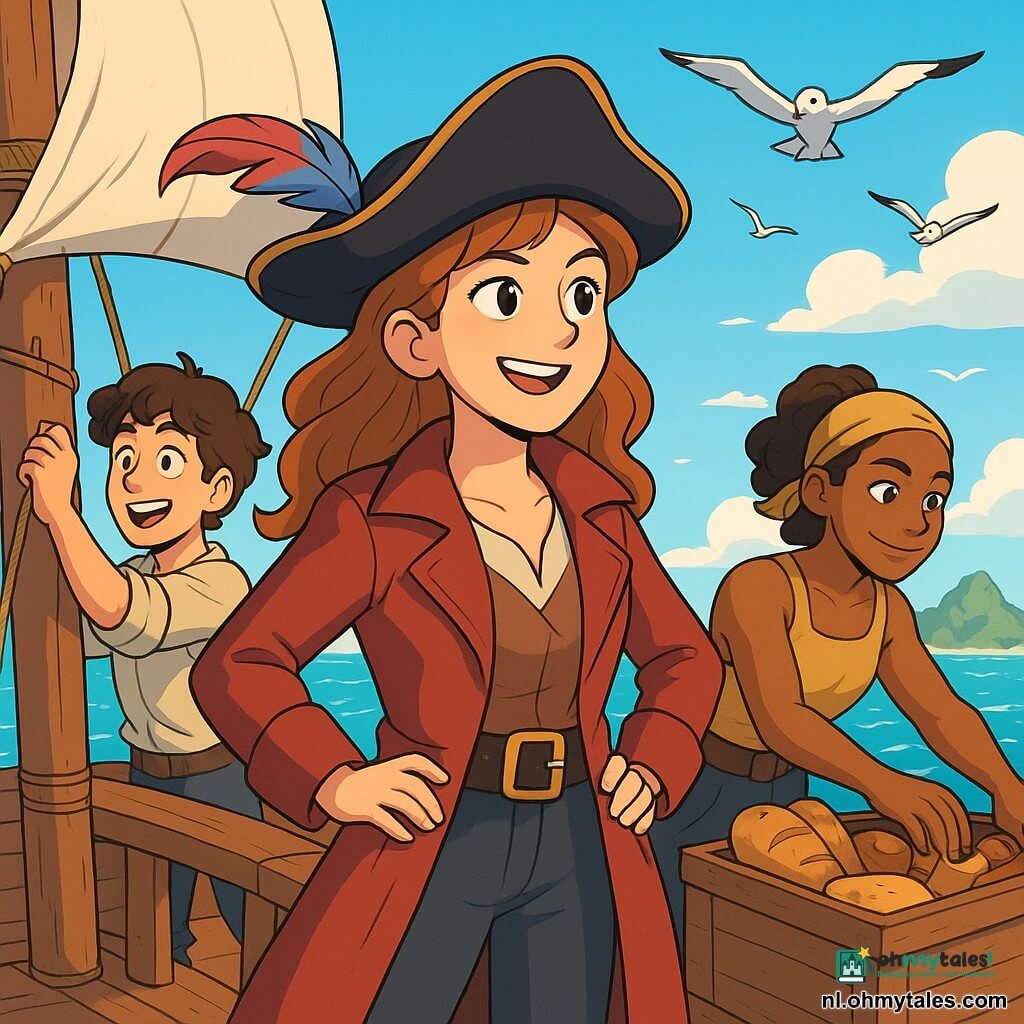 Kapitein Livia Storm, een dappere vrouw met lang golvend haar, staat trots op het dek van haar piratenschip, haar gezicht verlicht door een vastberaden glimlach. Ze draagt een piratenhoed versierd met een kleurrijke veer en een rode leren jas, terwijl ze met een vurige blik in haar ogen naar de horizon kijkt. Naast haar is Matz, een jonge man met krullend haar en een sprankelende blik, druk bezig met het afstellen van de zeilen, zijn gezicht getekend door opwinding en adrenaline. Verderop bereidt Noor, een vrouw met een gouden huid en gespierde armen, voorraden voor in een grote kist, haar uitdrukking geconcentreerd en vriendelijk. Het schip vaart over een glinsterende turquoise zee, omringd door witte golven en een stralende blauwe lucht, met meeuwen die erboven vliegen. Op de achtergrond verschijnt een mysterieuze groene eiland aan de horizon, dat avonturen belooft. De hoofdscene toont Livia, Matz en Noor verenigd in hun zoektocht, klaar om een oude schatkaart te ontcijferen, met gouden lichtflitsen die hun pad verlichten, wat hoop en vriendschap symboliseert.