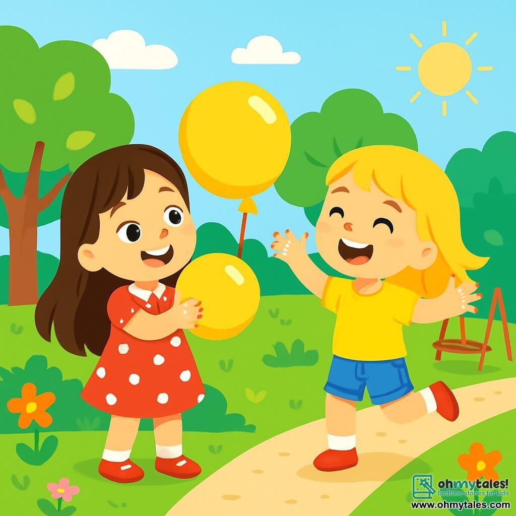 A 4-year-old girl with long brown hair and sparkling eyes is wearing a red dress with white polka dots. She has a big joyful smile and is holding a yellow balloon. Next to her is her best friend, a 4-year-old girl with blonde hair and blue eyes, wearing a yellow t-shirt and denim shorts. She is laughing while looking at the balloon. The setting is a lush garden filled with colorful flowers and shiny-leaved trees under a sunny blue sky. In the background, there's a swing and a small gravel path. The main scene shows the two friends playing together, laughing and throwing the balloon in the air, surrounded by an atmosphere of happiness and friendship.