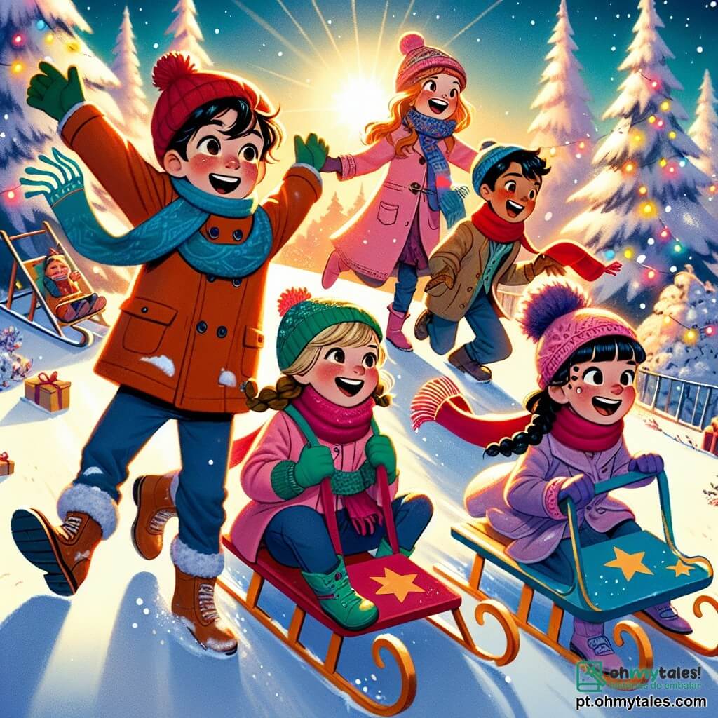 Dans uma cena festiva, quatro crianças estão no topo de uma colina coberta de neve, prontas para descer a ladeira com seus trenós coloridos. Miguel, um menino de 11 anos com cabelos castanhos bagunçados, usa um gorro vermelho e um cachecol azul, sorrindo de excitação com os braços levantados. Clara, uma menina de 10 anos com cabelos loiros trançados, veste um casaco rosa e luvas verdes, segurando seu trenó decorado com estrelas douradas. Pedro, um menino de 11 anos com cabelos negros e óculos, empurra seu trenó azul vibrante, rindo e fazendo caretas. Sofia, uma menina de 10 anos com cabelos castanhos cacheados, usa um casaco roxo e um gorro de pompom, pronta para se juntar a Pedro. O cenário é encantador: uma colina coberta de neve brilhante, árvores nevadas ao fundo e um céu estrelado iluminado por fogos de artifício coloridos, criando uma atmosfera mágica e alegre. As crianças estão cercadas de risos e alegria, prontas para viver uma aventura inesquecível descendo a ladeira juntas.