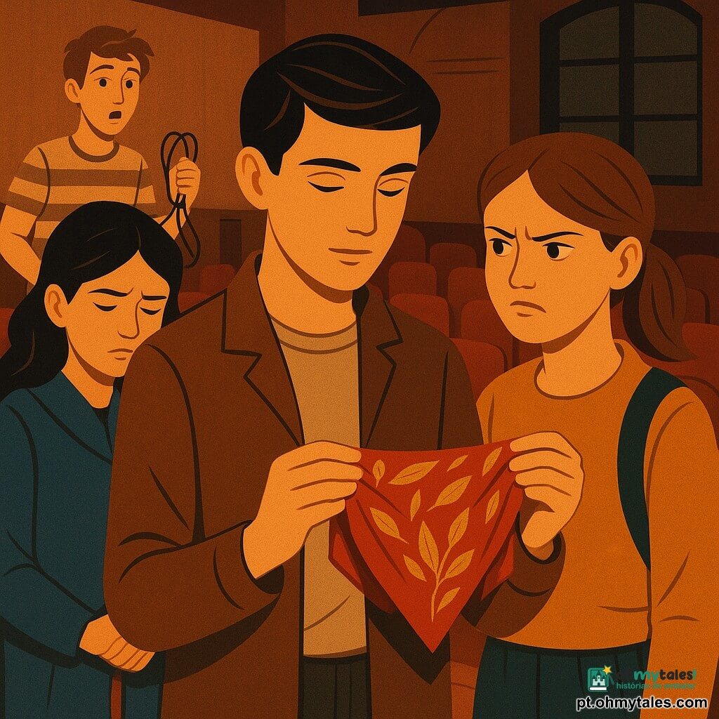 Um rapaz adolescente, Miguel, concentrado e sereno, cabelos castanhos curtos, veste simples, segura delicadamente um lenço vermelho com folhas douradas; à sua direita Beatriz, cerca de 13 anos, com expressão entre raiva e alívio, olhos no lenço; à esquerda, recuada, Sara, cerca de 14 anos, envergonhada e arrependida, cabelos negros soltos, casaco azul; ao fundo Tiago, cerca de 15 anos, surpreso e culpado, segurando cabos e um adaptador; cena num pequeno auditório escolar semi-escuro com palco de madeira clara, cadeiras vermelhas, um baú de adereços aberto; momento de revelação calma em que o lenço é apresentado como prova, tensões apaziguadas, composição art déco, cores quentes (vermelho, dourado, tons de madeira) com toques de azul e iluminação focada nas mãos e no lenço.