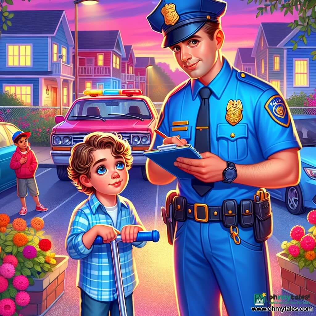 A police officer, a man in his thirties with brown hair and a neat mustache, wears a bright blue uniform. His face shows determination and kindness as he closely examines a parking lot with a notebook in hand. Beside him, an 8-year-old boy named Mateo, with curly hair and sparkling eyes, looks at his blue scooter with a worried expression, clenching his little fist. Nearby, another child, Joe, a 10-year-old boy wearing a red cap, watches timidly with his hands in his jeans pockets, ready to apologize. The setting is a neighborhood parking lot, illuminated by streetlights that cast a soft, warm glow, surrounded by parked cars and colorful flower pots. The scene takes place at dusk, with a sky tinted in pink and orange. The main situation shows the officer questioning the children while taking notes, trying to solve the mystery of the missing scooter, creating an atmosphere of camaraderie and cooperation.
