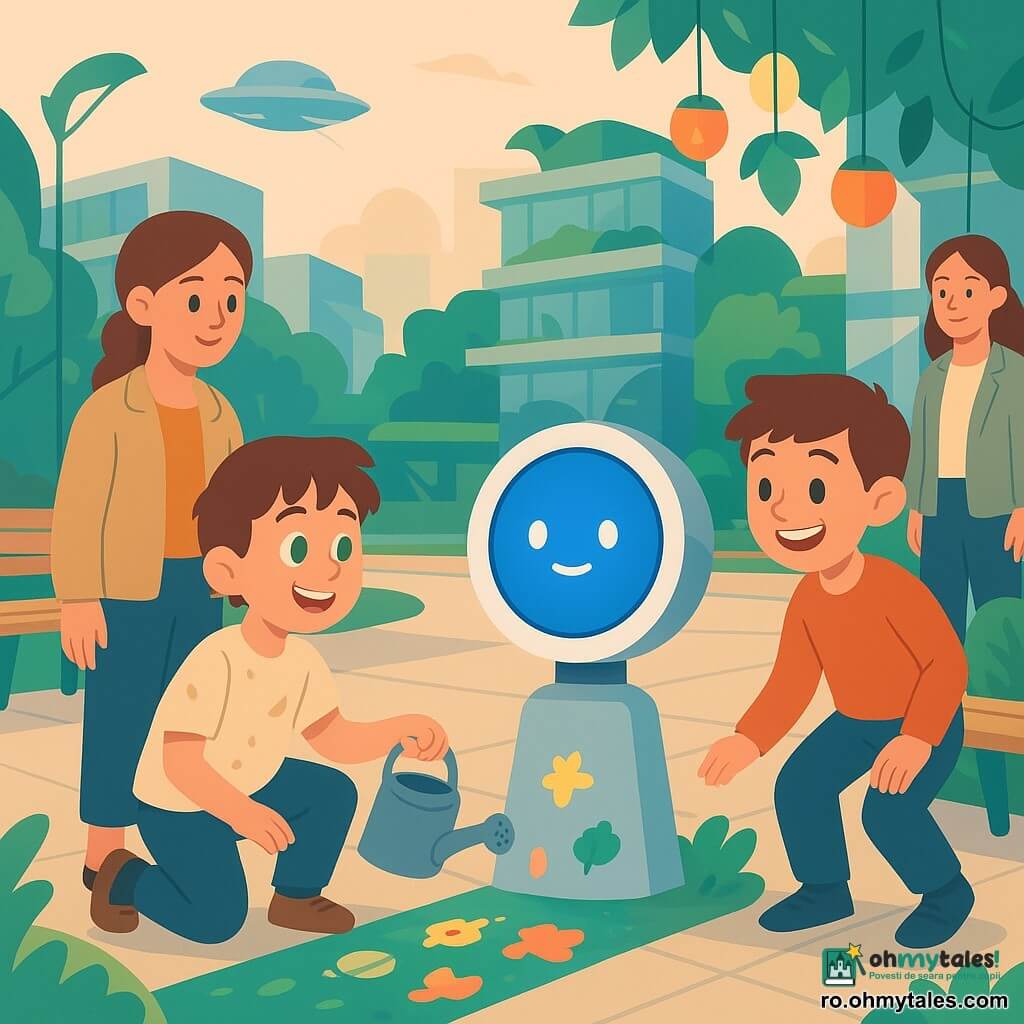 Un băiat de 8 ani, Luca, curios și vesel, păr șaten ciufulit, ochi verzi, cămașă crem cu pete de pământ și pantaloni bleumarin, ține un mic stropitor metalic și privește uimit un ecran rotund antropomorf, luminos, cu margine gri și centru albastru pulsant așezat pe o bornă între bănci; ecranul proiectează imagini și iconițe colorate pe jos; lângă el o fată de 9 ani cu părul împletit în rochie verde cu motive florale privește fascinată, iar în spate mama de circa 30 de ani, păr castaniu prins, zâmbește; piazzetta futuristă pavată cu bănci din lemn deschis, trotuare cu plante, fațade de sticlă cu liane și lampadare în formă de frunze care luminează; scenă calmă și caldă, plină de culori vii și forme simple.