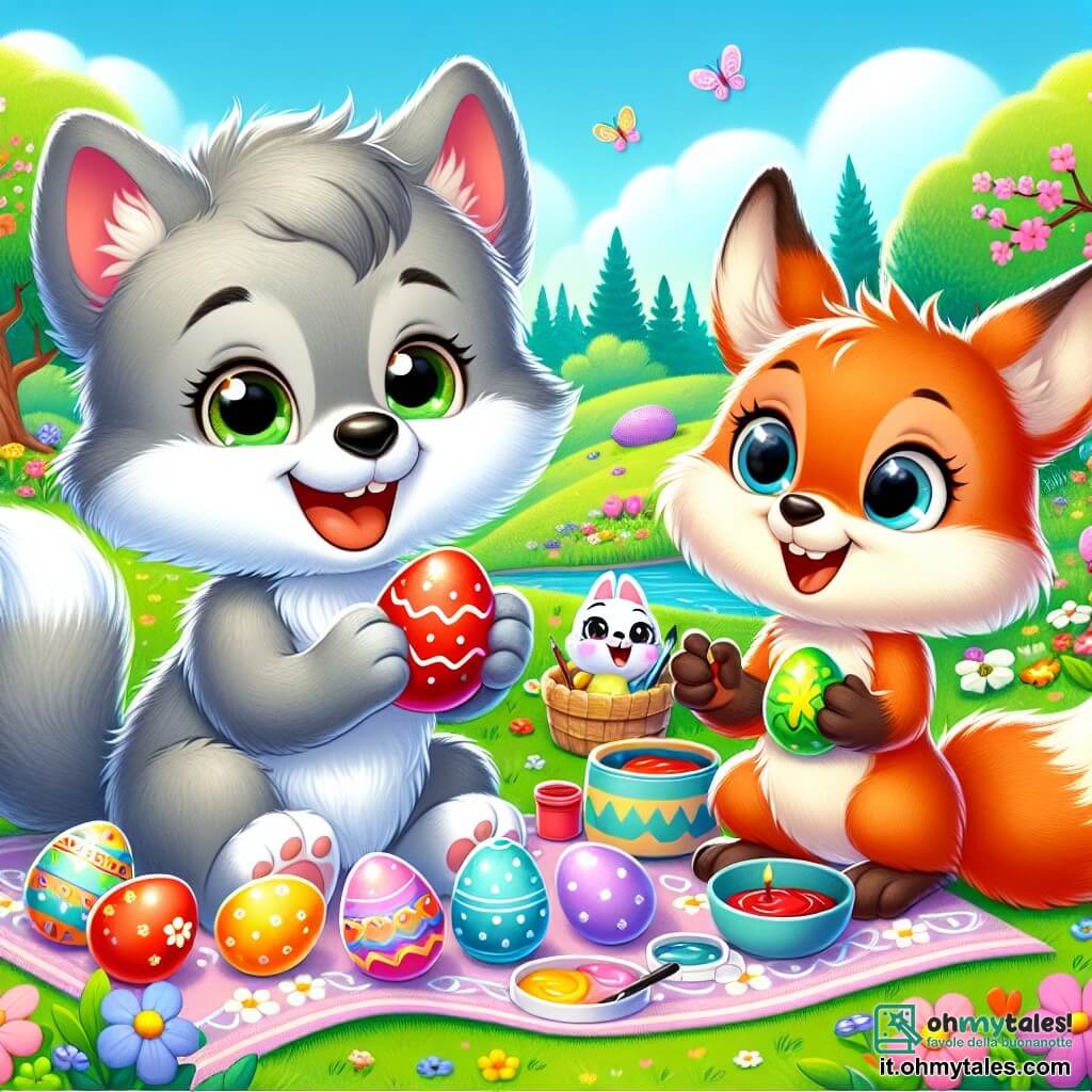 Un piccolo lupo di nome Leo, con un pelo grigio e occhi brillanti di curiosità, sta dipingendo uova di Pasqua colorate con un grande sorriso sul viso. Accanto a lui, la sua migliore amica, la volpe Viola, una volpe rossa con una coda folta, ride gioiosamente tenendo un uovo rosso brillante. Più lontano, Teddy, un adorabile coniglio bianco con grandi orecchie, osserva con meraviglia, tenendo un uovo giallo tra le zampe. La scena si svolge in un bel prato verde, punteggiato di fiori colorati e alberi in fiore, sotto un cielo blu chiaro e soleggiato. Al centro, una grande tovaglia è stesa sull'erba, piena di uova decorate e dolci di Pasqua. I tre amici sono circondati da un'atmosfera festosa e gioiosa, pronti a celebrare insieme questa bella giornata di Pasqua.