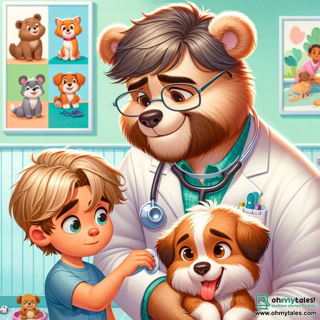 The main character is a man, Dr. Bear, a smiling veterinarian with soft brown fur and round glasses. He wears a white coat and a stethoscope around his neck, leaning kindly over a small puppy. His expression is warm and reassuring, showing his love for animals. Next to him is Max, a boy of about 7 with messy blonde hair and a blue t-shirt. He looks at Dr. Bear with admiration, holding his puppy Sparky in his arms, his face radiating joy and concern. The scene takes place in a bright and welcoming veterinary clinic, with pastel green walls and cheerful animal posters. There are pet toys and green plants adding life to the space. The main situation shows Dr. Bear examining the little puppy Sparky, who has an injured paw. Dr. Bear gently cleans the cut on Sparky's paw while Max watches attentively, eager to learn how to care for his four-legged friend.