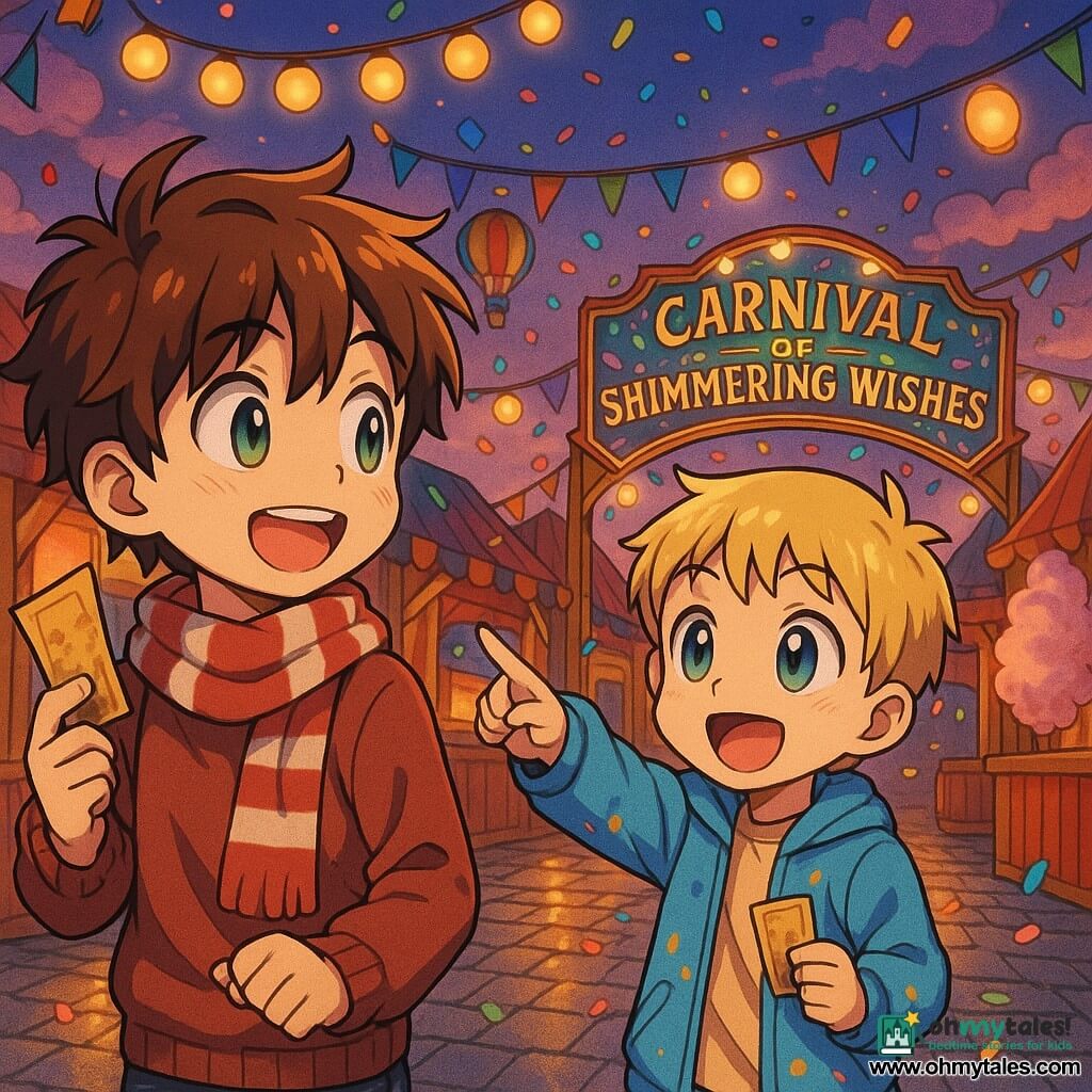 Two 8-year-old boys in the foreground slightly left and right: one with messy brown hair, a red-and-white striped scarf and green eyes holding a floating ticket and smiling to the right; the other with short blond hair, a sky-blue jacket with paint spots and sparkling blue eyes pointing toward a carnival lane while holding a small card. They stand on a colorful carnival square at twilight with shiny cobbled ground, arched lantern garlands, red-and-yellow wooden stalls, a miniature hot-air balloon, drifting pink cotton-candy smoke and floating confetti as they marvel at the entrance to the "Carnival of Sparkling Wishes"; manga style, crisp lines, exaggerated astonished expressions, vivid contrasting colors and warm late-afternoon light.