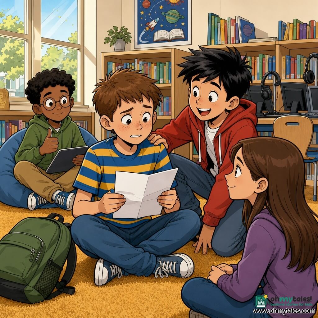 A 10-year-old boy, nervous then determined, round freckled face, short brown hair, wearing a blue-and-yellow striped t-shirt with a green backpack beside him, holds a folded reading sheet and reads aloud with slightly trembling lips; to his right Jordan, a mischievous 10-year-old boy with short black hair, grinning and slapping the protagonist’s shoulder to encourage him; opposite him Mila, a 10-year-old girl with long brown hair, soft confident gaze, smiling and nodding approval; nearby Amir, about 10, curly black hair, darker skin, thin glasses, hands on a tablet or book, giving a small thumbs-up, shy but pleased; setting: school library reading corner with mustard carpet, low blond wood shelves of colorful books, large window with soft morning light, an educational poster and a table with computers and headphones in the background; main scene: group seated in a circle as the boy reads a difficult word ("magnificent"), supportive expressions, warm encouraging atmosphere, clear composition, bright contrasting colors, clean lines, European comic style.