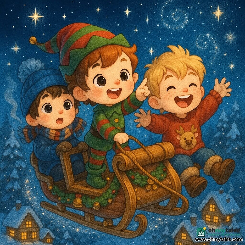 Three characters: Pip, a small male elf the size of a 6-year-old with fair skin, short red hair under a red-and-green pointed hat, laughing eyes, striped round clothes (green sweater, red tights) and bell-tipped shoes, standing at the front of a wooden sleigh with one hand on the reins and the other pointing to the sky; Jamie, a 9-year-old boy with messy brown hair and rosy cheeks in a big blue coat, pompom hat and plaid scarf, seated rear-left holding the railing with a look of wonder; Toby, a 9-year-old blond, freckled boy in a red reindeer sweater and fur-lined boots, seated rear-right with arms raised and a wide smile. Nighttime snowy village beneath: wooden houses with warm-lit windows, smoking chimneys, snow-covered pines, deep blue starry sky and swirling luminous snowflakes; a small wooden sleigh decorated with garlands and bells hovers above cobbled streets and golden lamplights, silver glitter and tiny stars whirl around, joyful kawaii chibi style with rounded expressive features and soft shiny textures, warm colors for characters and cool tones for the landscape.