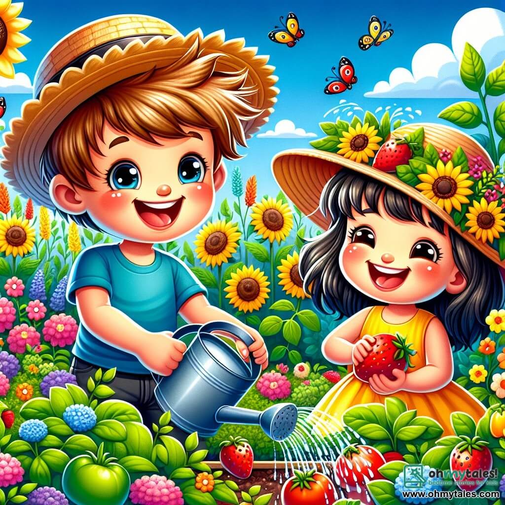 A 6-year-old boy named Alex, with messy brown hair and a big joyful smile, wears a straw hat and a blue t-shirt. He waters plants in a colorful garden, his eyes sparkling with excitement and pride. Next to him, a 6-year-old girl named Lily, in a bright yellow dress and a large sun hat, holds a juicy red strawberry and laughs joyfully. The garden is filled with vibrant flowers, green tomatoes, and tall sunflowers swaying gently in the breeze under a clear blue sky. Alex and Lily enjoy taking care of the plants, creating a small shelter for ladybugs, surrounded by the beauty of summer nature.