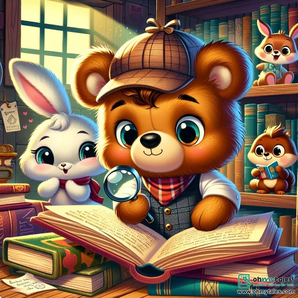 In the center of the image, Benny the Bear, an adorable teddy bear with brown fur and sparkling curious eyes, is crouched in front of a large open ancient book, his expression full of wonder and excitement. He wears a small felt detective hat and holds a magnifying glass in his paw, carefully examining the pages. To his right, Lucy the Rabbit, a small bunny with big ears and white fur, jumps for joy, her eyes shining with enthusiasm. She wears a colorful vest and holds a notebook in her paws, ready to jot down all the discoveries. To the left, Sam the Squirrel, a mischievous squirrel with a bushy tail and playful eyes, climbs on a shelf filled with books, a delighted smile on his face. He seems ready to dive into adventure, watching his friends with admiration. The setting unfolds in the mysterious library basement, where wooden shelves are laden with dusty books and cobwebs. A soft light filters through a small window, illuminating the scene with a warm glow. The main situation shows the three friends discovering an ancient book full of secrets, surrounded by an atmosphere of excitement and mystery, ready to solve a new puzzle together.