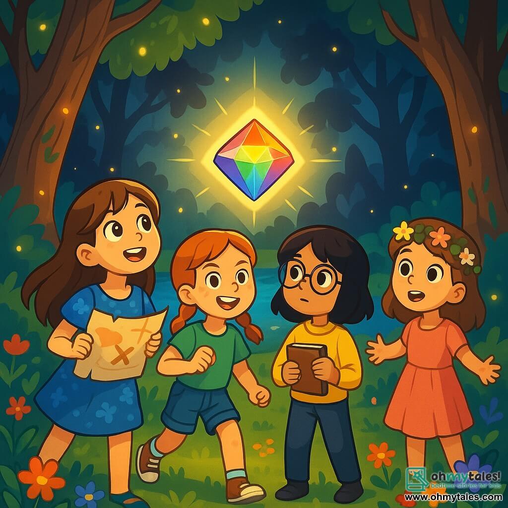There are 4 children: Lila, a 10-year-old girl with long brown hair and sparkling eyes, wearing a blue floral dress and holding a treasure map, gazing in wonder at the sky; Fiona, an 11-year-old girl with braided red hair and freckles, dressed in denim shorts and a green t-shirt, smiling determinedly and ready to jump; Mira, a 10-year-old girl with black hair and round glasses, wearing a yellow sweater and black pants, holding a notebook and observing her surroundings; and Jade, a 9-year-old girl with brown hair and a flower crown, dressed in a pink dress, standing by a tree with her arms open, as if welcoming the magic of the forest. The children are in the center of an enchanted clearing, surrounded by majestic trees with gnarled trunks and shimmering leaves. A crystal-clear pond shines in the middle, reflecting the bright colors of the sky. Colorful flowers grow around, and fireflies dance in the air, adding a touch of magic to the scene. The main situation shows the four friends discovering the heart of harmony, a gem glowing with rainbow colors, floating above the ground, while mysterious shadows loom behind them, creating a magical and intriguing atmosphere.