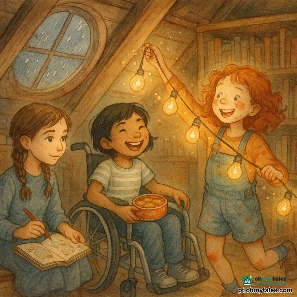 Três meninas: Lia, ~10 anos, cabelos ruivos encaracolados com manchas de tinta no rosto, à direita segurando uma guirlanda de lâmpadas retrô, olhar malicioso; Bia, ~10 anos, em cadeira de rodas decorada com adesivos marinhos, ao centro, uma mão na roda e outra segurando uma caixa de biscoitos, sorriso amplo; Marê, ~11 anos, cabelos castanhos em tranças, à esquerda com caderno de mapas e lápis musicais, concentrada. Cena num antigo sótão escolar transformado num canto acolhedor com piso de madeira, vigas, caixas etiquetadas, estante empoeirada e uma vela de chuva na claraboia; luz dourada suave atravessa o espaço, papéis e lápis espalhados e uma caixa de fósforos antiga ao lado. As três acendem juntas a guirlanda, pequenas faíscas como confetes dourados saem dela; riem, mãos quase unidas, expressão de maravilha e atmosfera quente e lúdica (um pinguim de pelúcia em uma caixa observa).