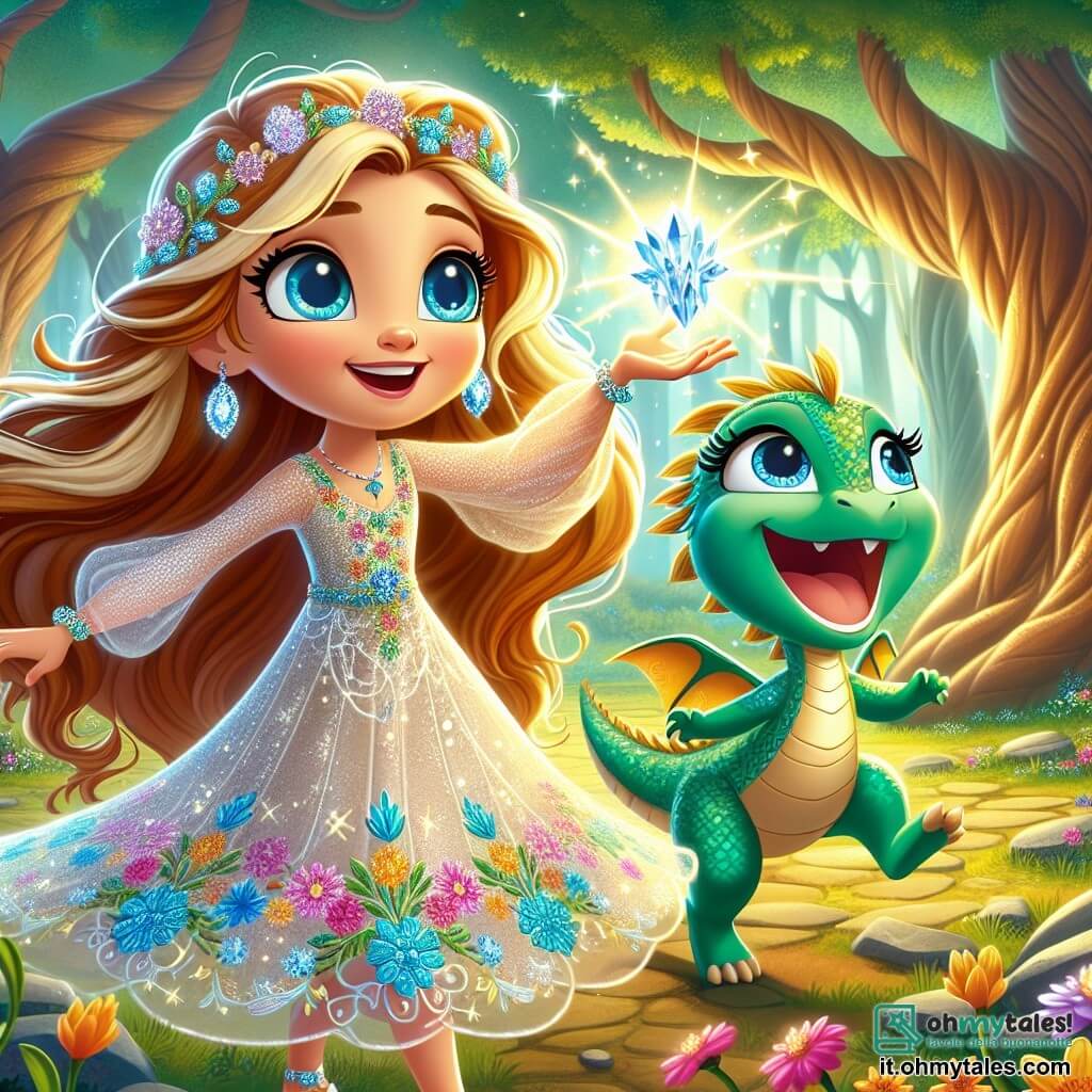 Al centro dell'immagine, la principessa Althea, una giovane di circa 12 anni, si erge orgogliosa con un sorriso radioso. I suoi lunghi capelli dorati fluttuano nel vento, e i suoi occhi blu brillano di eccitazione. Indossa un vestito leggero in tessuto scintillante, decorato con motivi floreali colorati, e tiene in mano un magnifico Cristallo della Luce che emette bagliori luminosi. Accanto a lei, Fiamma, un piccolo drago verde con squame brillanti e occhi vivaci, batte le ali con entusiasmo. Il paesaggio è una radura incantata, circondata da alberi maestosi e foglie brillanti, con fiori multicolori che tappezzano il terreno e un dolce raggio di sole che illumina la scena. Althea e Fiamma celebrano la loro vittoria dopo aver recuperato il Cristallo della Luce, pronti a riportare la magia nel Regno di Luce, mentre scintille di luce li circondano, simboleggiando la magia ritrovata e la rinascita della speranza.
