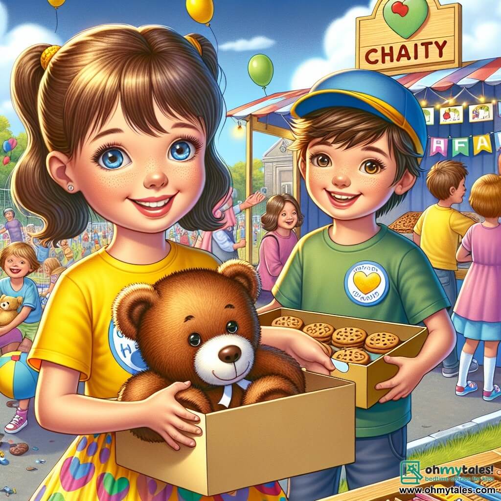 A 10-year-old girl, Amelia, stands at the center of the image with bright, big eyes and a radiant smile. She wears a yellow T-shirt with "Helping Hands Fair" written on it and a colorful skirt. Her brown hair is styled in two pigtails, and she holds a large teddy bear in her arms, symbolizing the joy she feels in helping others. Next to her, a 10-year-old boy, Leo, has brown hair and wears a blue cap. He holds a box of cookies that he offers to children playing around them, showcasing his enthusiasm and generosity. In the background, there is a lively scene of a charity fair in a schoolyard, decorated with colorful balloons and game booths. Smiling families gather around the activities, while a large wooden sign reads "Charity Fair" with drawings of happy animals. The main scene shows Amelia and Leo surrounded by children and adults, distributing toys and treats. The atmosphere is festive and warm, filled with laughter and colors, illustrating the spirit of solidarity and community support.