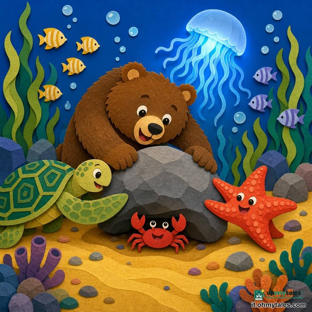 Un grande orso bruno peluche, viso tondo e occhi dolci, spinge con entrambe le zampe una grossa pietra per liberare un piccolo granchio rosso dalle chele sottili; una stella marina corallo scintillante tira la pietra da destra, una tartaruga marina con carapace verde e motivi geometrici spinge da sinistra con la pinna, e una medusa blu traslucida illumina la scena dall'alto; sfondo marino colorato con sabbia dorata, alghe verdi, scogli rotondi, banchi di pesci striati e bolle, atmosfera luminosa di cooperazione, colori vivaci e texture effetto carta, forme semplici e leggibili per bambini.