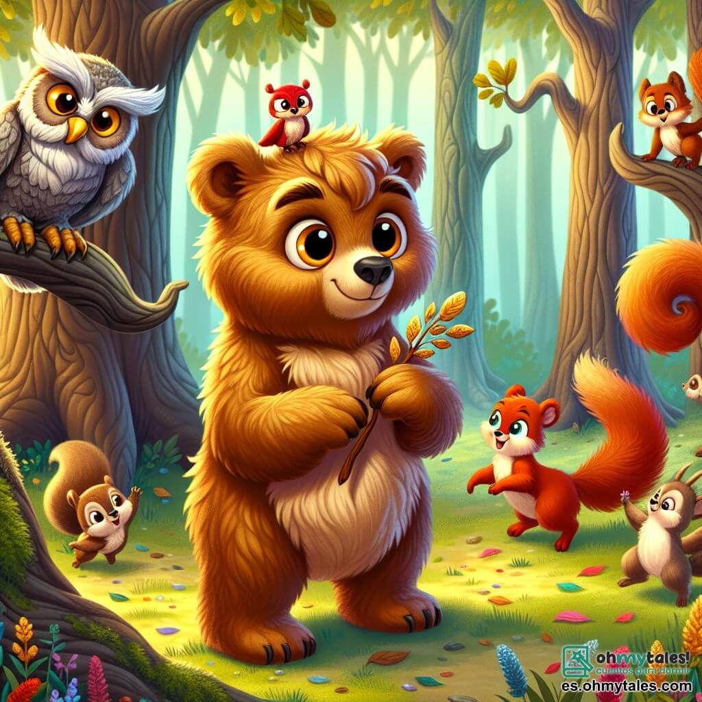 Ilustración que representa a un joven oso pardo con un pelaje dorado brillante al sol, ojos grandes y curiosos, mostrando una expresión de asombro y determinación. Sostiene una varita mágica de madera de roble, mirando a un grupo de pequeños árboles que bailan alegremente a su alrededor. Cerca, un viejo búho sabio con plumas grises y gafas redondas observa la escena con una sonrisa divertida, listo para dar consejos al oso. Un grupo de ardillas traviesas, con pelajes rojizos y colas esponjosas, saltan a su alrededor, riendo y aplaudiendo, llenando el ambiente de dinamismo. El lugar es una clara encantada, rodeada de grandes árboles con troncos retorcidos y hojas verdes brillantes, donde flores coloridas bailan al ritmo del viento. El oso intenta hacer bailar a los árboles con su magia, mientras los otros animales lo animan, creando un momento de alegría y camaradería en este mundo fantástico. Elementos gráficos incluyen destellos de luz mágica de la varita del oso, notas musicales flotando en el aire y expresiones de alegría en los rostros de los animales, capturando el espíritu lúdico y humorístico de la historia.