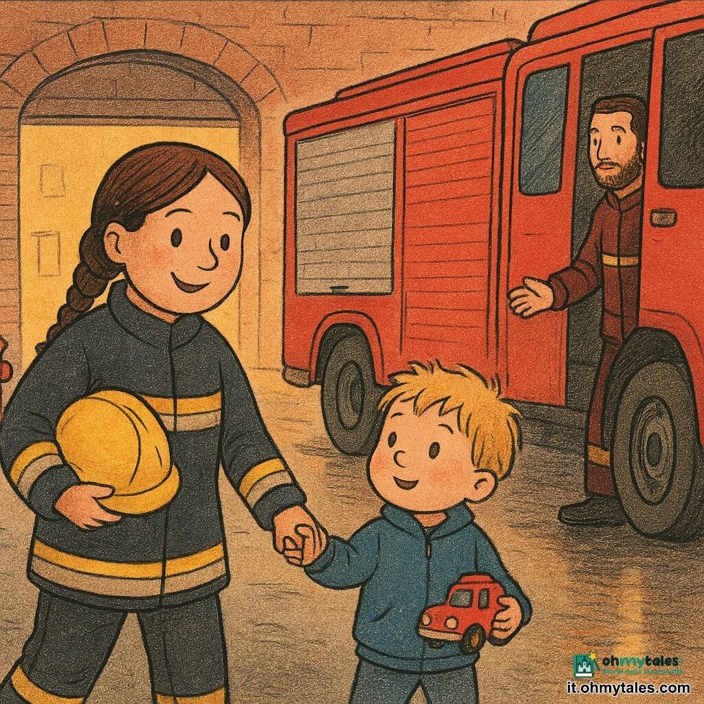 Una pompiere sorridente, Lina, volto rotondo, capelli castani intrecciati, casco giallo sotto il braccio, sorriso dolce e occhi brillanti, tende la mano e si avvia verso un grande camion rosso; un bimbo di circa 2 anni, capelli biondi arruffati, giacca blu, tiene un camion giocattolo e la mano della donna, guarda il camion con meraviglia; un pompiere intorno ai 30 anni, barba corta e uniforme rosso scuro, apre la porta della cabina sullo sfondo a destra; davanti a una grande caserma in mattoni al crepuscolo con baia aperta, luci gialle calde, terreno bagnato che riflette le luci e un idrante rosso visibile; scena principale: preparativi tranquilli per la partenza — la donna rassicura il bimbo e sale sul camion rosso pronto a partire, atmosfera calma e rassicurante, colori caldi e contrasti netti.