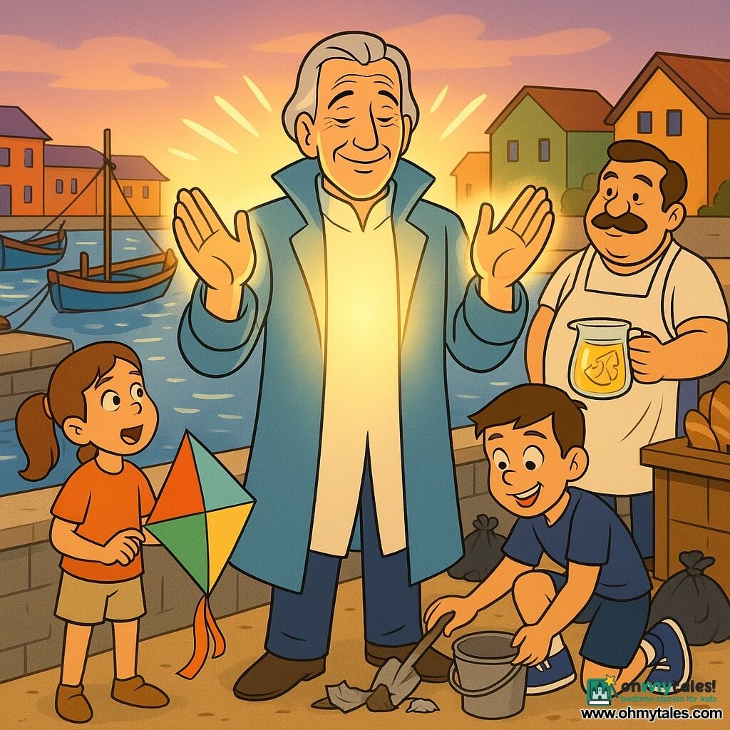 A smiling, serene man, Captain Lumen, with a gentle face and light wrinkles, long shimmering sky-blue coat with silver highlights and slicked-back silver hair, holds his palms up as warm, creamy light flows from them and softly envelops the harbor; to his left stands an about eight-year-old girl, Emma, with chestnut hair in a ponytail and a look of wonder, holding a colorful kite near the quay wall as it catches a slight breeze; to his right a nine-year-old boy in navy sneakers kneels proudly with a bucket and shovel, picking up litter near the water’s edge; behind the children stands Mr. Gomez, the baker, with a mustache and flour-dusted apron holding a bucket of lemonade beside a bread stall, watching proudly; the setting is a cobbled harbor quay by a calm bay with glittering small waves, colorful wooden fishing boats moored with ropes, a few bags of trash and a decorative wind wheel on a post, and colorful houses under a lavender sunset sky; the scene is a calm, joyful collective action—gentle healing light on the water, people gathering trash into bags, a kite flying in a light breeze, warm colors, crisp contrasts, kind expressions, composition centered on the luminous man.