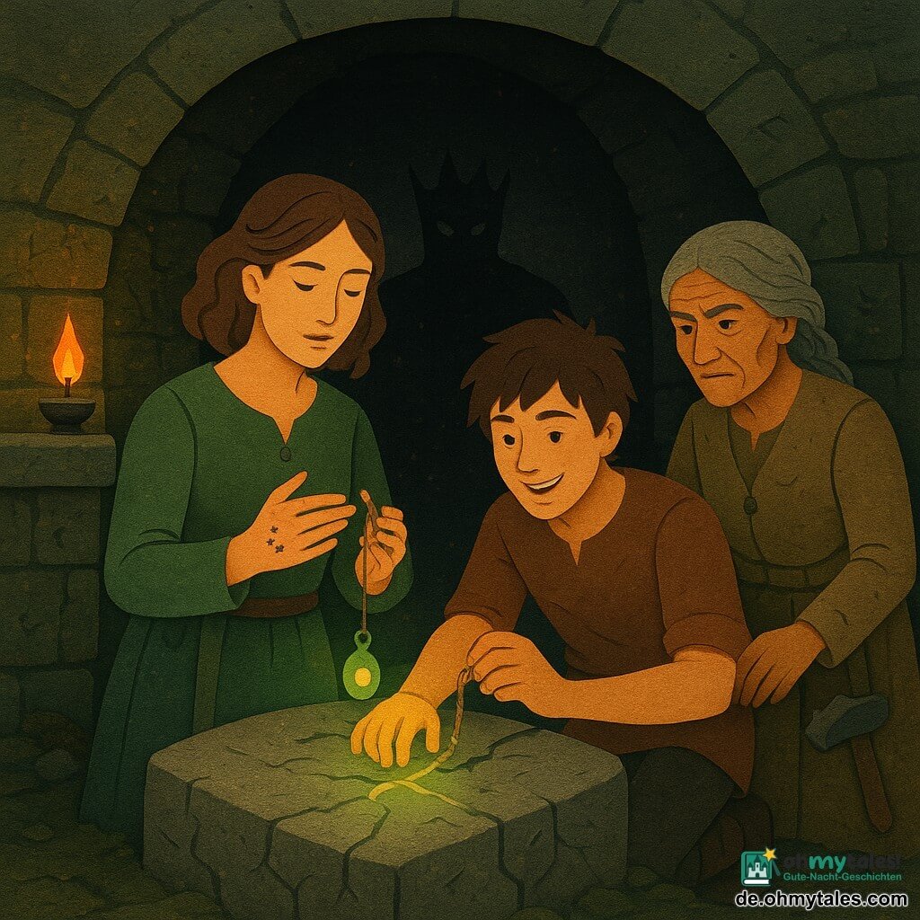 Hauptfigur: Alba, etwa 35, sanftes aber entschlossenes Gesicht, wachsame Augen, tintenbefleckte feine Hände, hält ein warm leuchtendes grünes Amulett und singt leise mit konzentrierter, mutiger Miene; Nebenjunge: Jaro, ca. 16, zerzaustes Haar, schelmisches Lächeln, einfache Marktkleidung, hockt rechts und hält eine alte Kette und ein halb repariertes zweites Amulett, besorgt aber hilfsbereit; Nebenfrau: Ysra, ca. 60, wettergegerbte Haut, grau geflochtenes Haar, Steinmetz-Schürze, raue schützende Hand auf dem Steinblock, Hammer an der Taille, steht leicht hinten links; Antagonist: Schattenmann, schlanke männliche Silhouette mit Krone aus gebrochenen Zweigen, halbtransparent rissig wie altes Brandpapier, taucht im dunklen Tunneleingang auf; Ort: kleine runde Kammer unter einer alten Steinbrücke, moosbedeckte Wände mit Gravuren, flackernde Öllampe, funkelnder Staub, nasser Boden, tiefe Rillen im zentralen Steinblock; Szene: die drei bilden einen Kreis um einen gespaltenen, gravierten Steinblock, zwei grüne Amulette leuchten und eine Lichtlinie heilt den Riss, flackerndes Feuer und Staubwolken kontrastieren warme grüne Mitte und kalte Schatten am Eingang; Stil: Papiercollage mit geschichtetem strukturiertem Papier, sichtbaren geschnittenen Kanten, satte kontrastreiche Farben (smaragdgrün, steinocker, bläuliches Schwarz), stilisierte Schatten und klare grafische Details (Moos, Risse, Öltropfen).