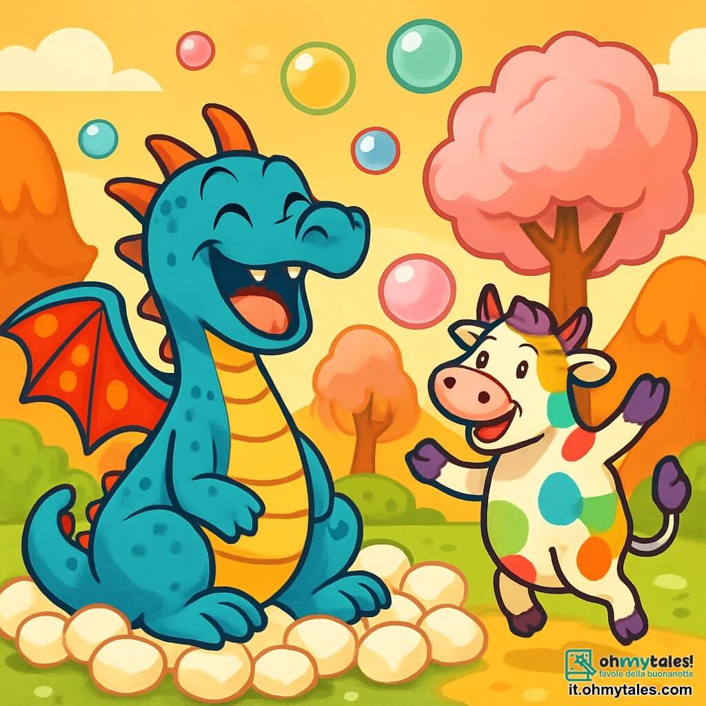 Un drago di nome Drilbo, con scaglie blu vivaci e ali rosse a pois gialli, sta ridendo a crepapelle, con gli occhi scintillanti di malizia. È seduto su un tappeto di marshmallow, circondato da bolle di sapone colorate che fluttuano intorno a lui. Accanto a lui, una mucca arcobaleno, con macchie multicolori e un sorriso gioioso, cerca di liberarsi da un albero di zucchero filato, agitando le zampe con entusiasmo. Sullo sfondo, il paesaggio è un mix di colline di caramelle, foreste di caramello e nuvole di zucchero, creando un'atmosfera magica e giocosa. La scena principale mostra Drilbo e la mucca che si divertono insieme, circondati da creature buffe, mentre preparano una grande festa piena di risate e dolcezze.