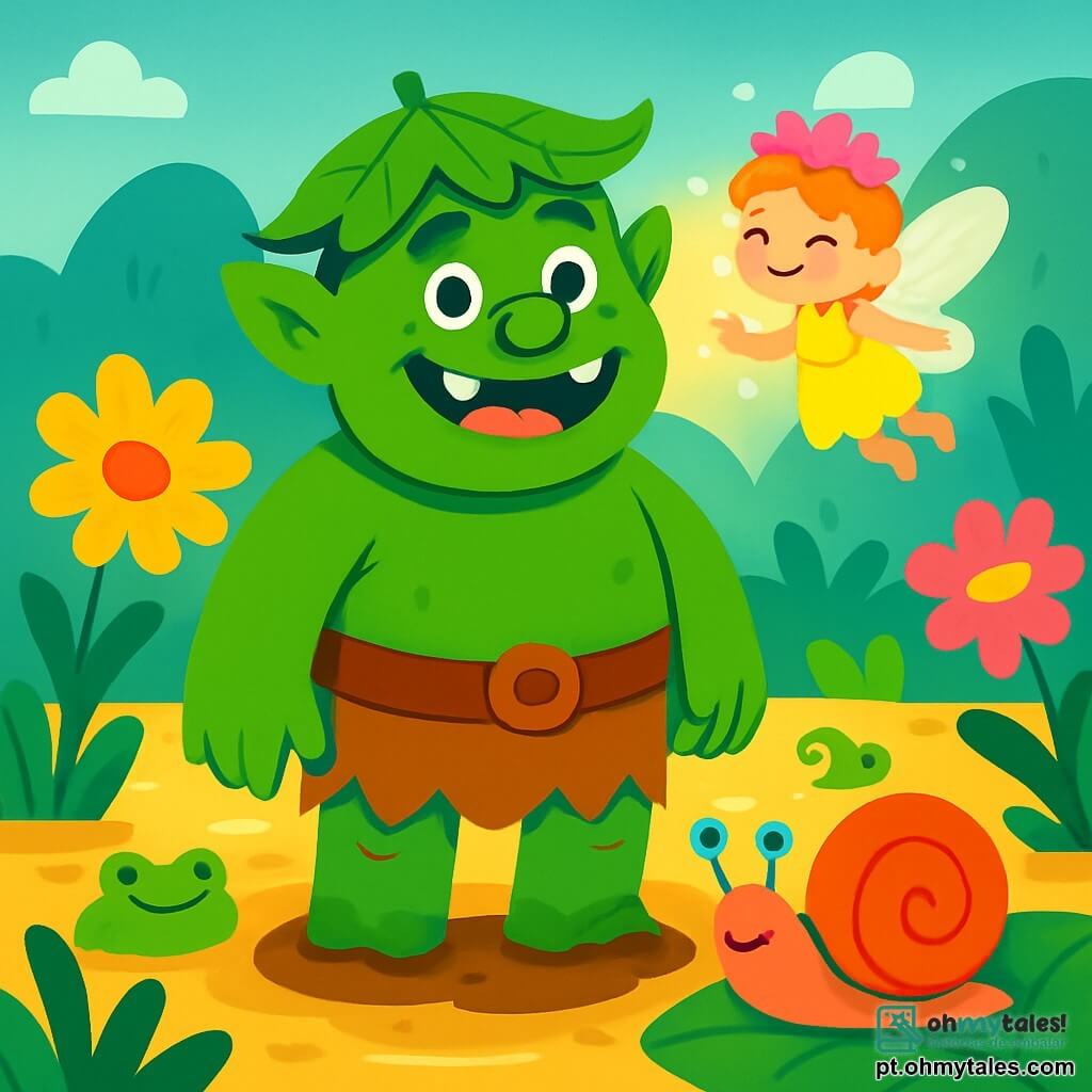 Um ogro verde, grande e forte, com um largo sorriso amigável e olhos brilhantes de curiosidade, está no centro da imagem. Ele usa um chapéu feito de folhas, e seus enormes pés estão afundados na lama do pântano. Ao seu lado, uma pequena fada luminosa, com asas cintilantes e uma coroa de pétalas, voa alegremente ao seu redor, iluminando o ar com sua suave luz. Um caracol colorido, com antenas tremulando, desliza lentamente sobre uma folha próxima, observando a cena com um olhar maravilhado. O lugar é um pântano mágico, cheio de flores gigantes de cores vibrantes, com uma leve névoa flutuando sobre a água dourada e sapos cantores escondidos entre as plantas. A cena principal mostra o ogro e a fada rindo juntos, enquanto o caracol se junta a eles, criando uma atmosfera alegre e amigável, cheia de magia e descobertas.