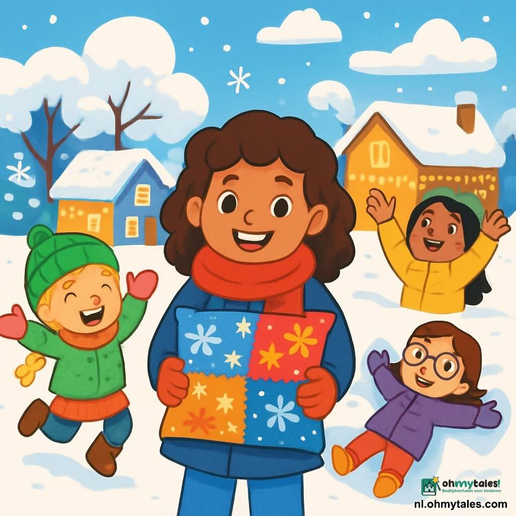 Er zijn 4 kinderen: - Noor: een 8-jarig meisje met bruin, krullend haar, een grote rode sjaal en een mooie blauwe jas. Ze staat in het midden, glimlachend, met een kleurrijk kussen in haar handen. - Mila: een 7-jarig meisje met gevlochten blond haar, een groene muts en roze handschoenen. Ze staat links van Noor, enthousiast springend in de sneeuw. - Emma: een 8-jarig meisje met kastanjebruin haar en een bril, gekleed in een paarse jas. Ze ligt rechts van Noor in de sneeuw en maakt een sneeuwengel. - Lila: een 7-jarig meisje met zwart, steil haar, gekleed in een gele donsjas. Ze staat achter Noor, met opgetrokken armen naar de lucht te kijken. De locatie is een klein, besneeuwd dorp met huizen versierd met lichtslingers en sneeuwvlokken. De bomen zijn bedekt met een dikke laag glinsterende sneeuw en de lucht is helderblauw met witte wolken. De kinderen zijn bezig met het maken van een kerstcadeau: een groot kleurrijk kussen met sneeuw- en sterrenmotieven voor hun buurvrouw, mevrouw Groen. Ze zijn vrolijk en opgewonden, klaar om hun vriendin te verrassen met dit handgemaakte cadeau.