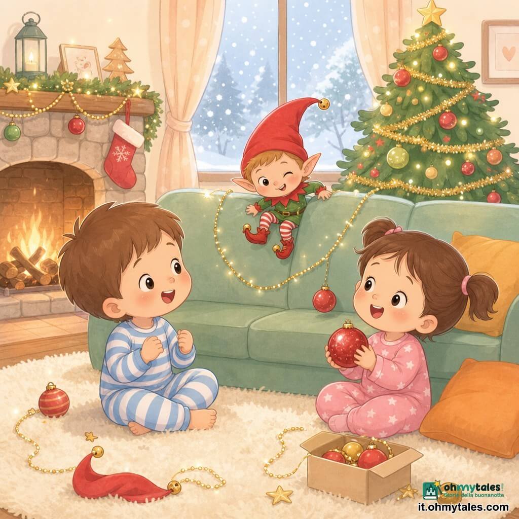 Ci sono tre personaggi: Leo, bambino di 3 anni, capelli castani corti, pigiama a righe blu e bianco, seduto a sinistra sul tappeto che guarda stupito il folletto; Lia, bambina di 3 anni, capelli castani a code, pigiama rosa con stelle, seduta a destra vicino a un cuscino arancione con una pallina di Natale in mano; il Folletto di Natale, minuscolo come una tazza, pelle rosata, berretto rosso a punta, scarpe con campanellini, appollaiato sul bordo del divano tra Leo e Lia che fa l'occhiolino. Ambientazione: salotto accogliente con tappeto crema, divano verde menta, camino in pietra con legna che scoppietta, albero di Natale decorato con ghirlande dorate e palline lucenti e finestra con dolce neve che cade. Situazione: il folletto fa piccole burle — ghirlande che si spostano, palline che tintinnano, appare un berretto — i bambini ridono sorpresi; scena di movimenti morbidi, colori caldi e dettagli scintillanti.