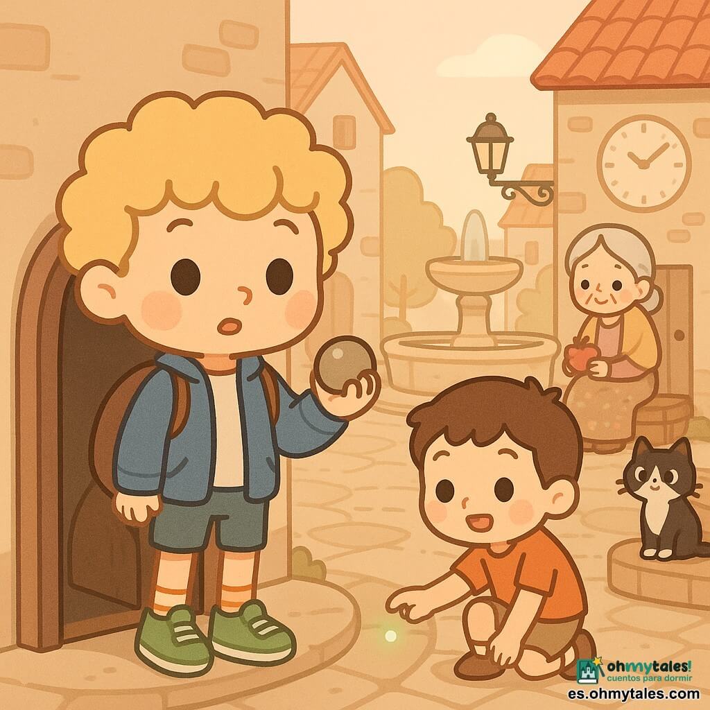 Niño de 6 años de rostro redondo y risueño, cabello rubio rizado, expresión curiosa y cautelosa, sostiene una piedra lisa y brillante en la mano derecha; lleva chaqueta azul, zapatillas verdes con luces y calcetines desparejados, delante de una pequeña puerta redonda entreabierta incrustada al fondo de un armario. Niño secundario de similar edad, pelo corto y castaño, sonrisa asombrada, toca tímidamente una de las luces de la zapatilla del protagonista a pocos pasos en la plaza. Mujer mayor (unos 60 años) con vestido de flores y chal beige, sentada junto a una fuente de piedra, sonríe sosteniendo una manzana roja. Gato blanco y negro de ojos pícaros en el umbral de una puerta de madera observa a los niños. Plaza empedrada con casas de piedra y tejados rojos, fuente central, faroles de hierro forjado y un gran reloj sin agujas en la fachada. Luz suave de atardecer, tonos cálidos y pastel, sombras redondeadas y contornos nítidos, ambiente misterioso pero reconfortante. Escena principal: el niño de 6 años acaba de salir de la puerta mágica del armario, descubre la plaza antigua, duda, mira a su alrededor y aprieta su piedra brillante, listo para explorar.