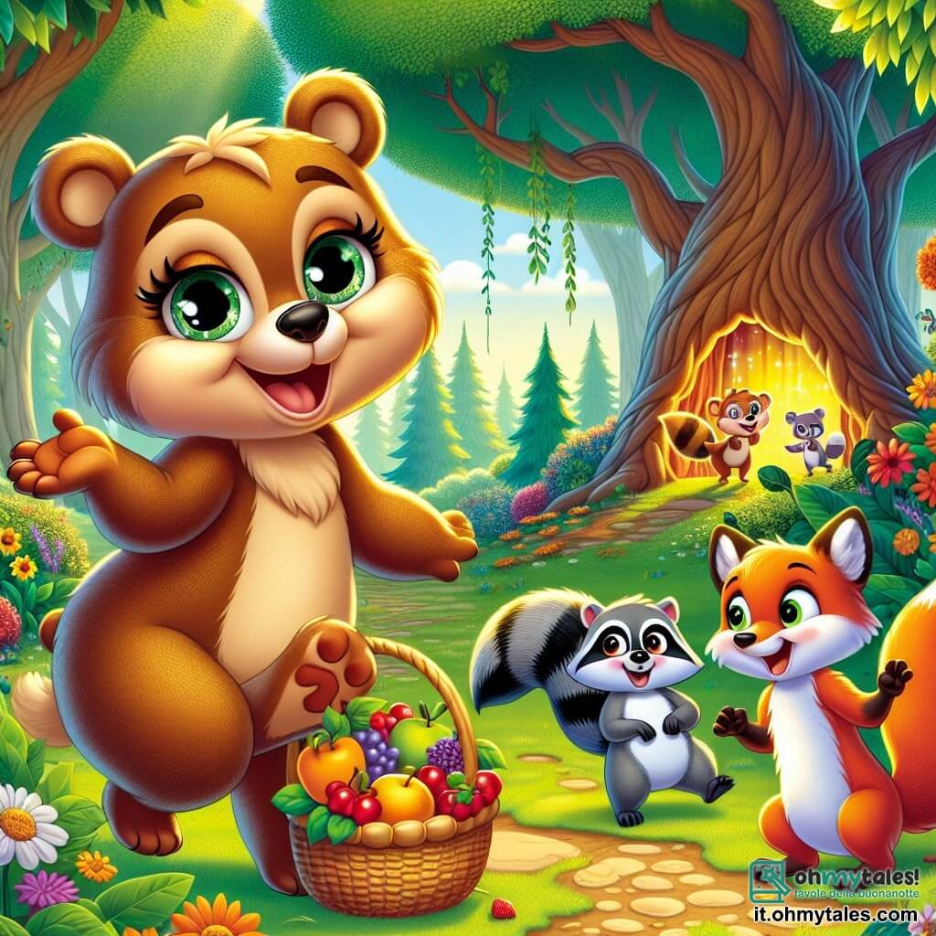 Un orso di nome Albachiara, con un pelliccia dorata e grandi occhi brillanti di curiosità, si trova al centro di un prato soleggiato, sorridente e piena di entusiasmo. Tiene un cesto pieno di miele e frutti colorati, pronta a condividere le sue scoperte con i suoi amici. Accanto a lei, un piccolo procione di nome Pippo, con pelliccia grigia e una maschera nera sul viso, ride mentre cerca di rialzarsi dopo essere scivolato su una buccia di banana, aggiungendo un tocco comico alla scena. Non lontano, una volpe astuta di nome Cloe, con pelliccia rossa brillante e una coda folta, osserva la situazione con un sorriso malizioso, pronta a fare uno scherzo. Il prato è circondato da alberi maestosi con foglie verdi vibranti, e fiori colorati punteggiano il terreno, creando un'atmosfera gioiosa e accogliente. Sullo sfondo, un grande albero cavo lascia intravedere una festa segreta di animali, con luci scintillanti e risate che fluttuano nell'aria. La scena principale mostra Albachiara e i suoi amici che scoprono il segreto delle risate notturne, pronti a divertirsi insieme in questa bella foresta incantata.