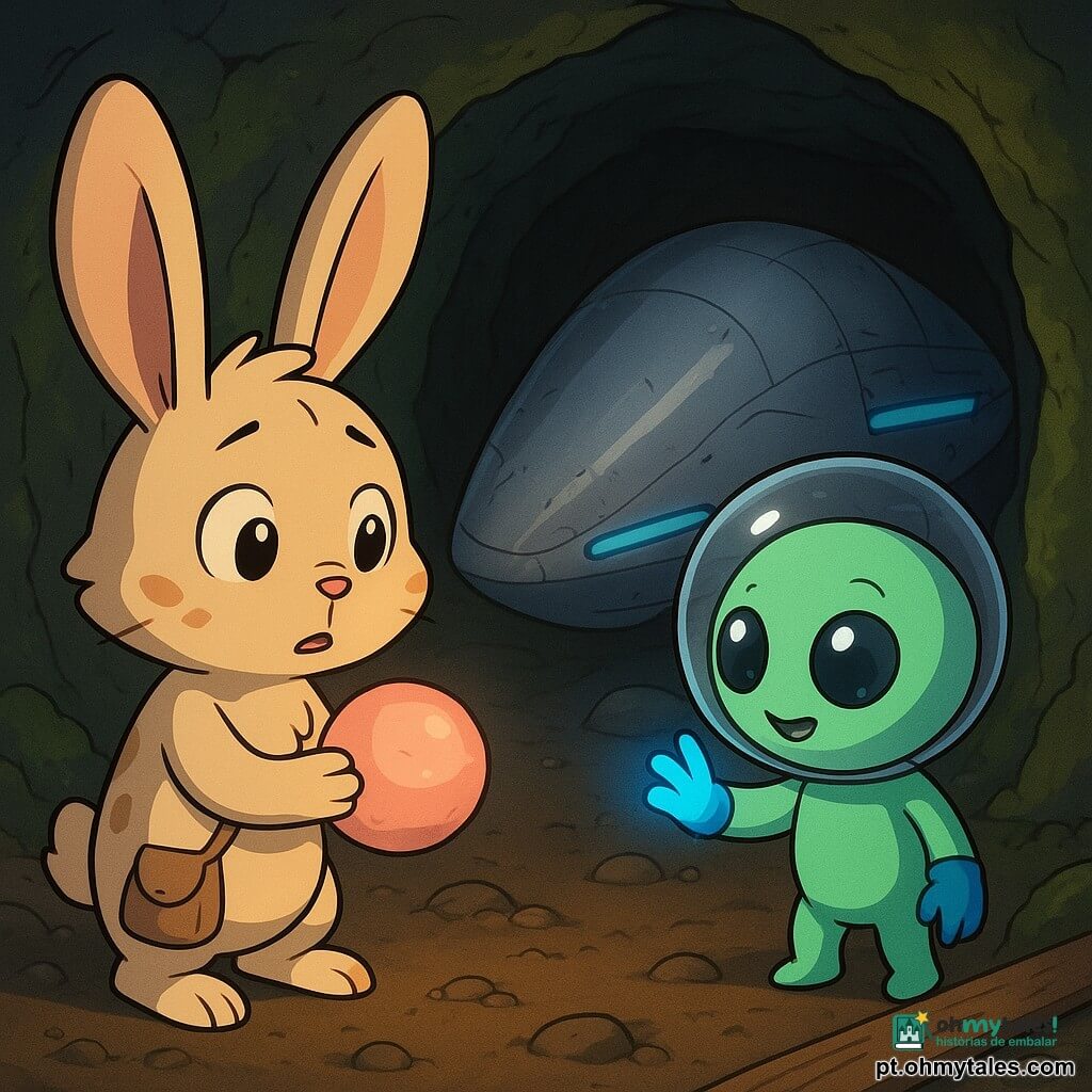 O personagem principal é um pequeno coelho chamado Lilo, de pelo creme com manchas castanho-claro, grandes orelhas e expressão curiosa/inquieta, com uma bolsinha de tecido e uma pedra redonda que emite um brilho quente levemente rosado; personagem secundário Numi, um extraterrestre pequeno e redondo de pele verde-menta lisa, olhos grandes e brilhantes, três dedos finos e expressão aliviada, tocando um painel luminoso com uma luva azul ao lado da nave; a nave é metálica prateada em forma de gota achatada com linhas azuis acesas, presa num túnel estreito; local: caverna baixa de pedra úmida com musgo, chão de terra e pedras; situação: Lilo e Numi cooperam para empurrar a nave suavemente em direção à saída, luzes azul e púrpura da pedra e dos botões criam uma atmosfera acolhedora e aventureira.