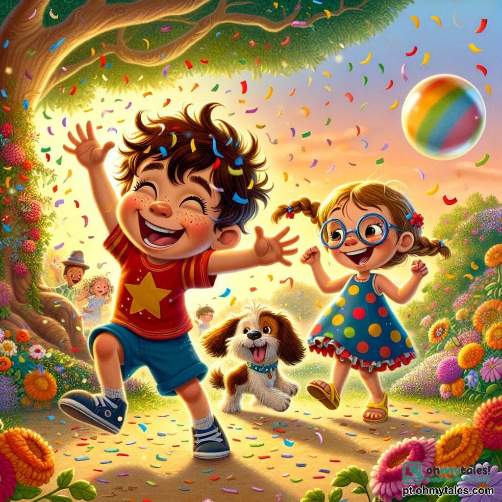 Um menino de 6 anos, Lucas, com cabelo castanho bagunçado e um grande sorriso travesso, está dançando alegremente no meio de uma chuva de confetes coloridos, com os braços levantados para o céu. Ele usa uma camiseta vermelha com estrelas e um short azul, e seus olhos brilham de felicidade. Ao lado dele, sua melhor amiga Maria, uma menina de 6 anos com óculos redondos e cabelo loiro trançado, ri enquanto tenta pegar uma bolha gigante que flutua perto dela. Ela veste um vestido de bolinhas multicoloridas e sandálias amarelas. Ao fundo, há um jardim verdejante, cheio de flores vibrantes e uma grande árvore com galhos estendidos. O sol está se pondo, projetando uma luz dourada na cena, enquanto um pequeno cachorro, Bolinha, com pelagem marrom e orelhas caídas, corre ao redor deles, tentando pular nos confetes. A cena principal mostra Lucas e seus amigos celebrando o sucesso de sua invenção, o Risomático, que encheu o ar com música alegre, bolhas e risadas, criando uma atmosfera festiva e divertida, perfeita para uma história engraçada antes de dormir.