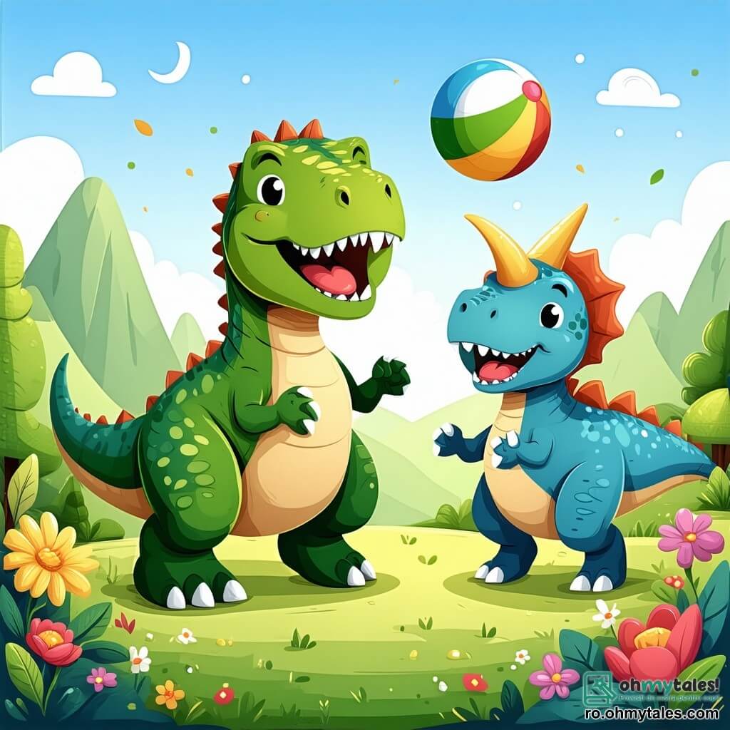 Un Tyrannosaure Rex, mare și măreț, cu o piele verde și solzi strălucitori, își exprimă bucuria printr-un zâmbet larg, cu brațele ridicate în semn de victorie. Lângă el, un triceratops drăguț, cu trei coarne pe frunte și o piele albastră deschisă, sare de bucurie ținând o minge colorată în picioarele din față. Un stegosaurus, cu plăci colorate pe spate și o expresie prietenoasă, stă puțin mai în spate, pregătit să aplaude prietenii. Scena are loc pe un vârf de munte verde, presărat cu flori strălucitoare de toate culorile, sub un cer albastru deschis cu nori pufoși albi. Departe, copaci măreți și coline ondulate adaugă frumuseții peisajului. T-Rex și prietenii săi sărbătoresc descoperirea mingii pierdute, înconjurați de râsete și bucurie, ilustrând importanța prieteniei și a muncii în echipă.