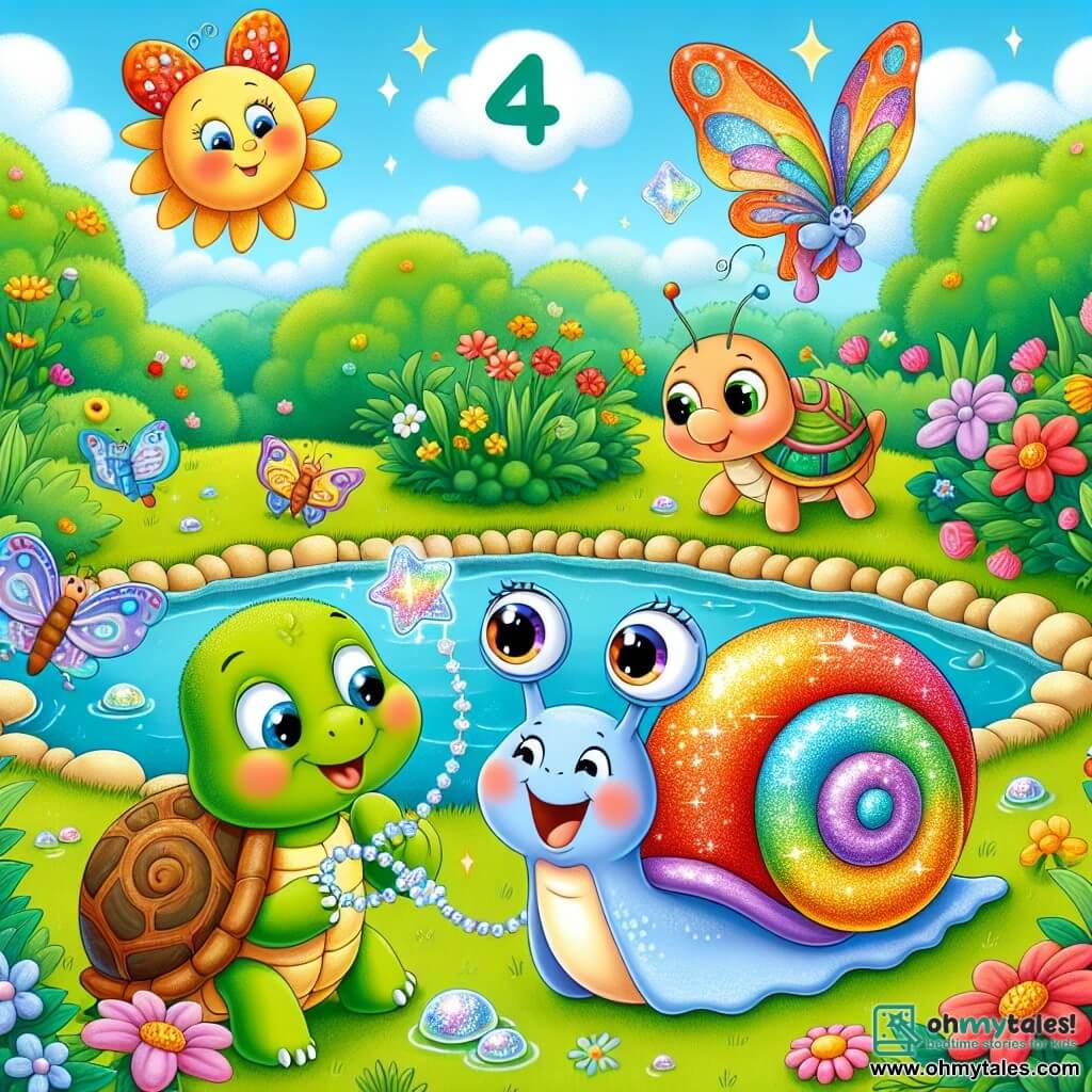 A little snail named Sammy, with a shiny and colorful shell that sparkles like a star, stands at the edge of a pond, displaying an expression of joy mixed with excitement, his eyes sparkling with happiness. Next to him, Bella the butterfly, with delicate multicolored wings, joyfully flies around him, while Timmy the turtle, with his green shell and gentle eyes, slowly makes his way across the grass, smiling and ready to help. In the background, the garden is filled with vibrant flowers, large green bushes, and a clear blue sky, creating a magical and sunny atmosphere. The scene shows Sammy discovering his precious sparkling pearl necklace at the edge of the pond, surrounded by his friends, celebrating the joy of friendship and adventure.