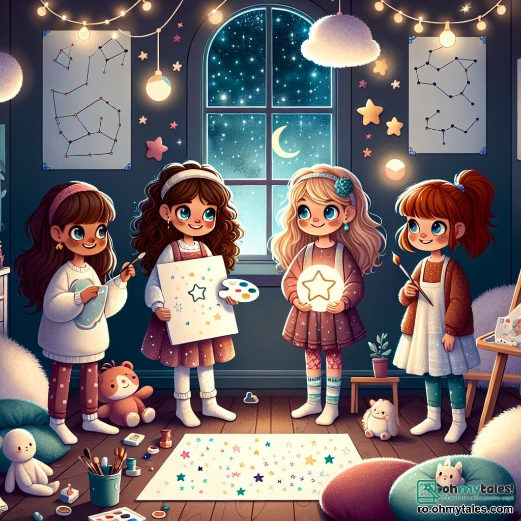 Patru fete de 11 ani stau într-o cameră călduroasă, plină de lumini colorate și perne pufoase. Ana, cu părul brun și ochii strălucitori, este în centru, zâmbind, cu o lampă în formă de stea în mâini. La dreapta ei, Maria, cu părul blond și ochelari rotunzi, privește cu curiozitate o umbră proiectată pe perete. La stânga, Elena, cu părul roșu și o paletă de vopsea în mână, desenează stele pe o foaie mare. În cele din urmă, Irina, cu părul castaniu prins în coadă de cal, este așezată în scaun cu rotile, cu ochii strălucind de imaginație, înconjurată de plușuri. Camera este decorată cu postere de constelații și ghirlande luminoase care creează o atmosferă magică, iar o fereastră deschisă lasă să se vadă cerul înstelat. Fetele, reunite în fortul lor improvizat din perne, împărtășesc povești despre fricile lor de întuneric, transformând întunericul într-o aventură palpitantă și încurajându-se reciproc să-și înfrunte temerile, demonstrând că prietenia poate lumina chiar și cele mai întunecate momente.