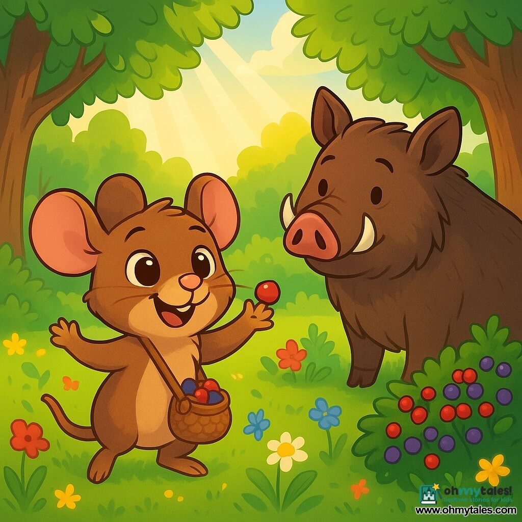 A little mouse named Milo, with shimmering brown fur and sparkling curious eyes, stands in the middle of a sunny clearing, a big smile on his face. He carries a small messenger bag filled with juicy berries, his little paws raised with enthusiasm. Beside him, an old boar named Borin, with brown fur and wise eyes, watches Milo with a benevolent smile, standing slightly back like a protector. The scene takes place in a magical clearing surrounded by majestic trees with thick trunks and bright green leaves, while colorful wildflowers dance in the breeze. Sun rays pierce through the foliage, illuminating the clearing with a golden light. Milo and Borin stand in front of a bush overflowing with red and purple berries, while Milo, with an expression of joy and wonder, reaches out to pick a shiny berry, ready to savor his discovery.