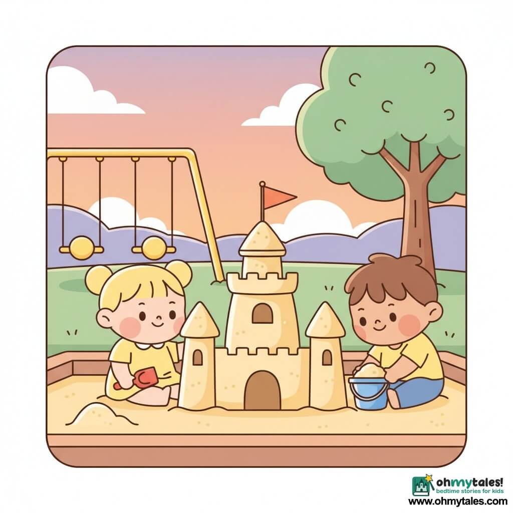 A joyful 2-year-old girl with short blond pigtails and pink cheeks sits in a sandbox with a small red shovel, smiling at a simple sandcastle with rounded towers and an improvised flag while Ben, about 3 with tousled brown hair, leans in helping tamp sand with a blue bucket; background park shows yellow swings, a round-leaf tree and a soft pastel orange-pink sunset sky, friendly safe atmosphere, vivid yet soft palette, clean outlines and rounded shapes.