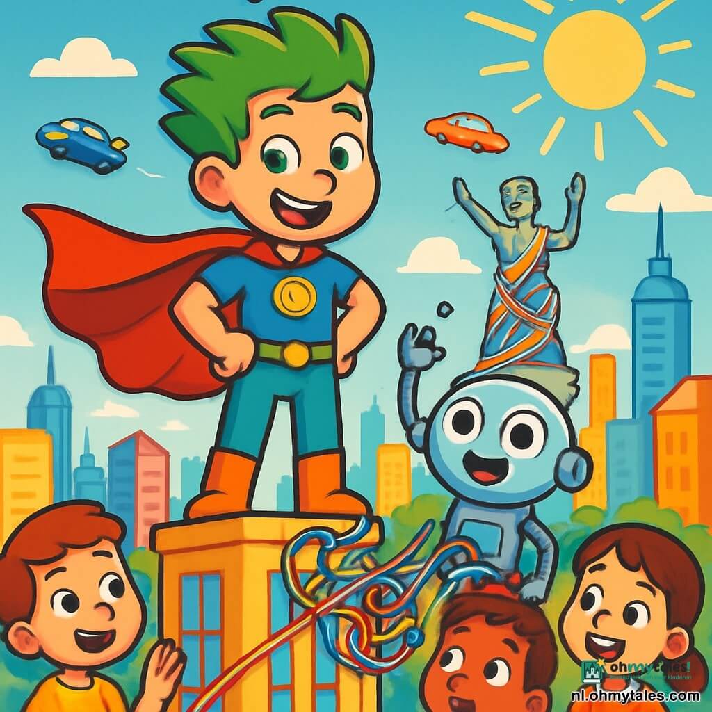 Turbo Tom, een man met stralend groene haren en een wapperende rode cape, staat op het dak van een glanzende toren met een brede glimlach van vastberadenheid. Zijn ogen stralen van opwinding terwijl hij naar beneden kijkt, klaar om te helpen. Naast hem staat een klein robotje met ronde, glanzende ogen en een zilveren lichaam, dat zijn hand opsteekt om zijn aandacht te trekken, met een blije en enthousiaste uitdrukking. Op de achtergrond strekt de stad Luminostad zich uit, met zijn schitterende torens en vliegende auto's die de blauwe lucht doorkruisen. De zon schijnt en verlicht de gekleurde gevels van de gebouwen. De hoofdscène toont Turbo Tom en de robot die een enorme knoop van kleurrijke draden ontwarren die zich om een groot standbeeld in het centrum van de stad wikkelt, terwijl kinderen en robots hen met verwonderde ogen, vol hoop en bewondering, gadeslaan.