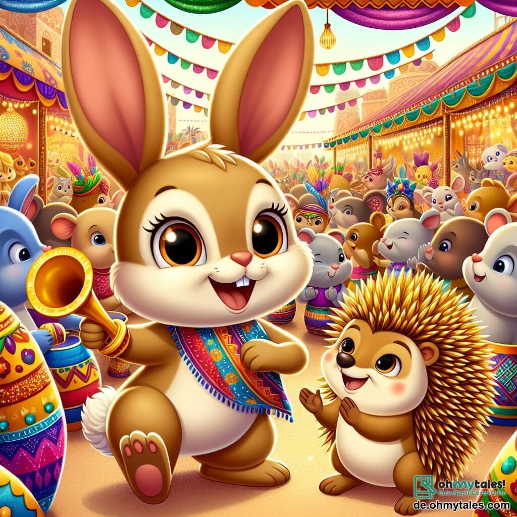 Ein kleiner Hase mit großen Ohren, weichem, hellbraunem Fell und neugierigen, funkelnden Augen steht lächelnd in der Mitte der Bühne und hält eine kleine bunte Trompete. Neben ihm klatscht ein kleiner Igel mit goldenen Stacheln, dessen Augen vor Aufregung strahlen, im Rhythmus und zeigt ein breites Lächeln, während er leicht im Hintergrund steht, bereit, zur Feier zu stoßen. Die Szenerie ist ein lebhafter Markt, gefüllt mit bunten Ständen, geschmückt mit schimmernden Stoffen und funkelnden Laternen, wo Tiere aller Art zusammenkommen, um kulturelle Vielfalt zu feiern. Köstliche Düfte exotischer Speisen schweben in der Luft, und Blumenketten schmücken den Raum. Im Mittelpunkt stehen der Hase und der Igel, umgeben von einer fröhlichen Menge von Tieren verschiedener Arten, die sich auf eine große bunte Parade vorbereiten, um ihre Talente zu zeigen und ihre Traditionen zu teilen.