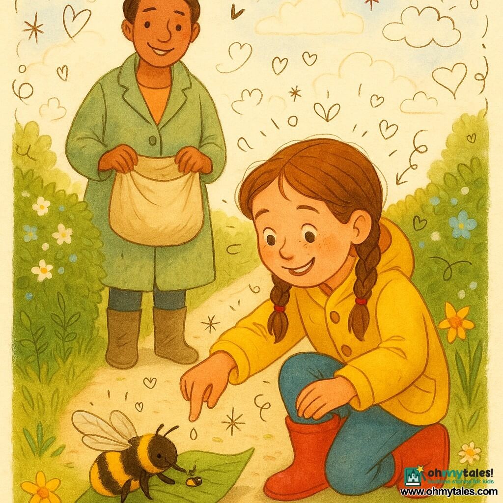 A joyful 10-year-old girl with braided brown hair, freckles, a yellow jacket and red boots kneels at the edge of a narrow country path to give a drop of sugar to a tired black-and-yellow bumblebee resting on a leaf; behind her stands a smiling, caring mother of about 35 with chestnut hair in a bun and a light green coat, holding an open cloth bag and watching proudly, the scene set on a spring morning with a pale sky, hedgerows of white and blue flowers, green grass dotted with daisies and daffodils, warm light, soft textures, and the composition focused on hands and gazes.