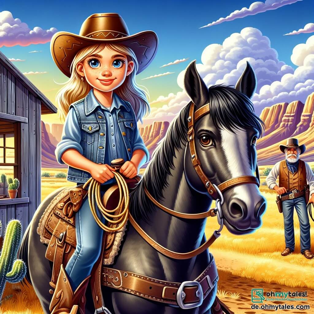Ein junges Cowgirl, Emma, mit einem entschlossenen Lächeln und funkelnden Augen trägt einen Ledercowboystiefel, eine Jeansweste und abgenutzte Lederstiefel. Sie sitzt auf ihrem schwarzen Pferd Shadow, das eine glänzende Mähne und lebhafte Augen hat, während sie selbstbewusst in die Ferne schaut. Neben ihr steht Sheriff Harlan, ein Mann in den Fünfzigern mit einem grauen Schnurrbart und einem breiten Cowboyhut, der sein Lasso hält und die Szene aufmerksam beobachtet, bereit zu handeln. Die Szenerie ist eine weite goldene Prärie unter einem strahlend blauen Himmel mit einigen flauschigen weißen Wolken. In der Ferne zeichnen sich Berge am Horizont ab, und ein alter Kaktus steht stolz am Rand. Die Hauptsituation zeigt Emma und den Sheriff, die sich darauf vorbereiten, Banditen in einer alten Holzlaube zu konfrontieren, mit Hufabdrücken im staubigen Boden, während die Atmosphäre von Spannung und Aufregung erfüllt ist.