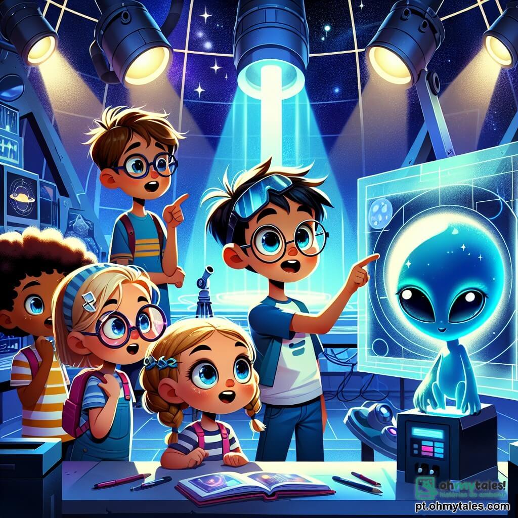 Em um laboratório de astronomia cheio de telescópios gigantes e telas brilhantes, quatro crianças estão juntas, fascinadas por uma aparição extraterrestre. Lucas, um garoto de 10 anos com cabelos castanhos bagunçados e óculos redondos, está no centro, apontando para uma tela onde brilha uma luz misteriosa. Sofia, uma menina de 9 anos com cabelos loiros trançados e um sorriso curioso, se inclina ligeiramente para frente, com os olhos arregalados de admiração. Miguel, um garoto de 11 anos com cabelos negros e olhos brilhantes, segura um pequeno caderno de anotações, pronto para registrar tudo o que aprende. Clara, uma menina de 10 anos com cabelos ruivos e óculos de sol na cabeça, observa os extraterrestres com uma mistura de empolgação e surpresa. Ao fundo, três pequenos extraterrestres de pele azul flutuam no ar, com grandes olhos brilhantes e sorrisos amigáveis, vestindo roupas futuristas cintilantes que parecem mudar de cor à luz. O laboratório está repleto de gadgets científicos, livros abertos e pôsteres de estrelas, criando uma atmosfera de exploração e descoberta. Estrelas brilhantes são visíveis através de uma grande janela, acrescentando um toque mágico à cena. A situação principal mostra as crianças e os extraterrestres trocando ideias, com hologramas coloridos projetados ao redor, ilustrando sua colaboração intergaláctica e amizade emergente.