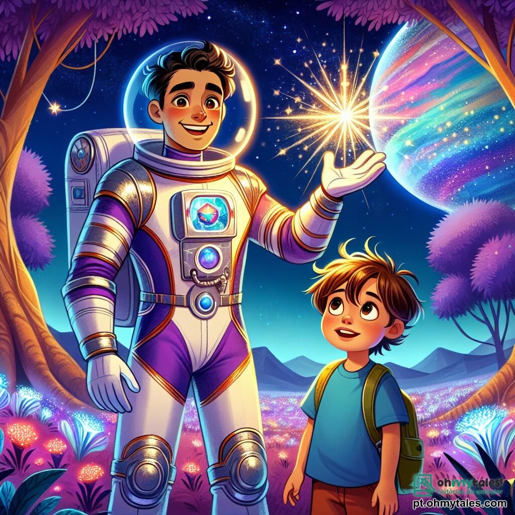 Um astronauta chamado Tomás está de pé com um grande sorriso no rosto, vestindo um traje espacial brilhante e colorido, com detalhes prateados. Seus olhos brilham de excitação enquanto ele admira um cristal mágico que brilha intensamente em sua mão. Ao seu lado, um garoto de 8 anos chamado Léo, com cabelos castanhos bagunçados e olhos curiosos, observa o cristal maravilhado. Ele usa uma camiseta azul e um short, inclinado para frente, fascinado pela descoberta. O cenário é uma paisagem extraterrestre deslumbrante, com árvores de folhas roxas e flores cintilantes que iluminam o solo. O céu é de um azul profundo, salpicado de estrelas brilhantes e uma grande planeta colorido visível no horizonte. A cena principal mostra Tomás e Léo explorando juntos, maravilhados com a beleza deste novo mundo, enquanto descobrem o cristal mágico que simboliza a aventura e a curiosidade do cosmos.