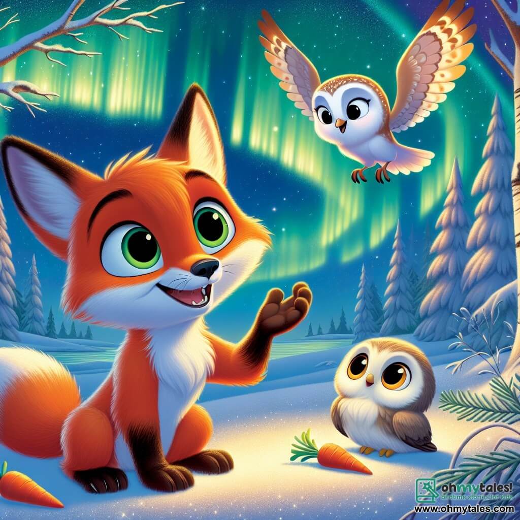 A young fox named Finn, with bright orange fur and sparkling curious eyes, stands at the center of the scene, mesmerized by the beautiful northern lights dancing in the night sky. He has a big smile, his ears perked up, as he raises a paw to touch the shimmering snow beneath him. Next to him, Bella, a wise owl with brown and white feathers, perches on a tree branch, her large round eyes shining with excitement. She gazes at the sky in admiration, her wings slightly spread, ready to take flight. Tilly, a small bunny with long ears and soft fur, sits in the snow surrounded by a few carrots she brought to share. She has a joyful and amazed look, her pink cheeks contrasting with the white snow. The setting is an enchanting winter landscape, with snow-covered trees, a starry sky dotted with bright stars, and the northern lights illuminating the night with vibrant shades of green and purple. The main scene shows Finn and his friends gathered under the dancing lights of the sky, sharing a moment of joy and wonder, celebrating the magic of winter together.