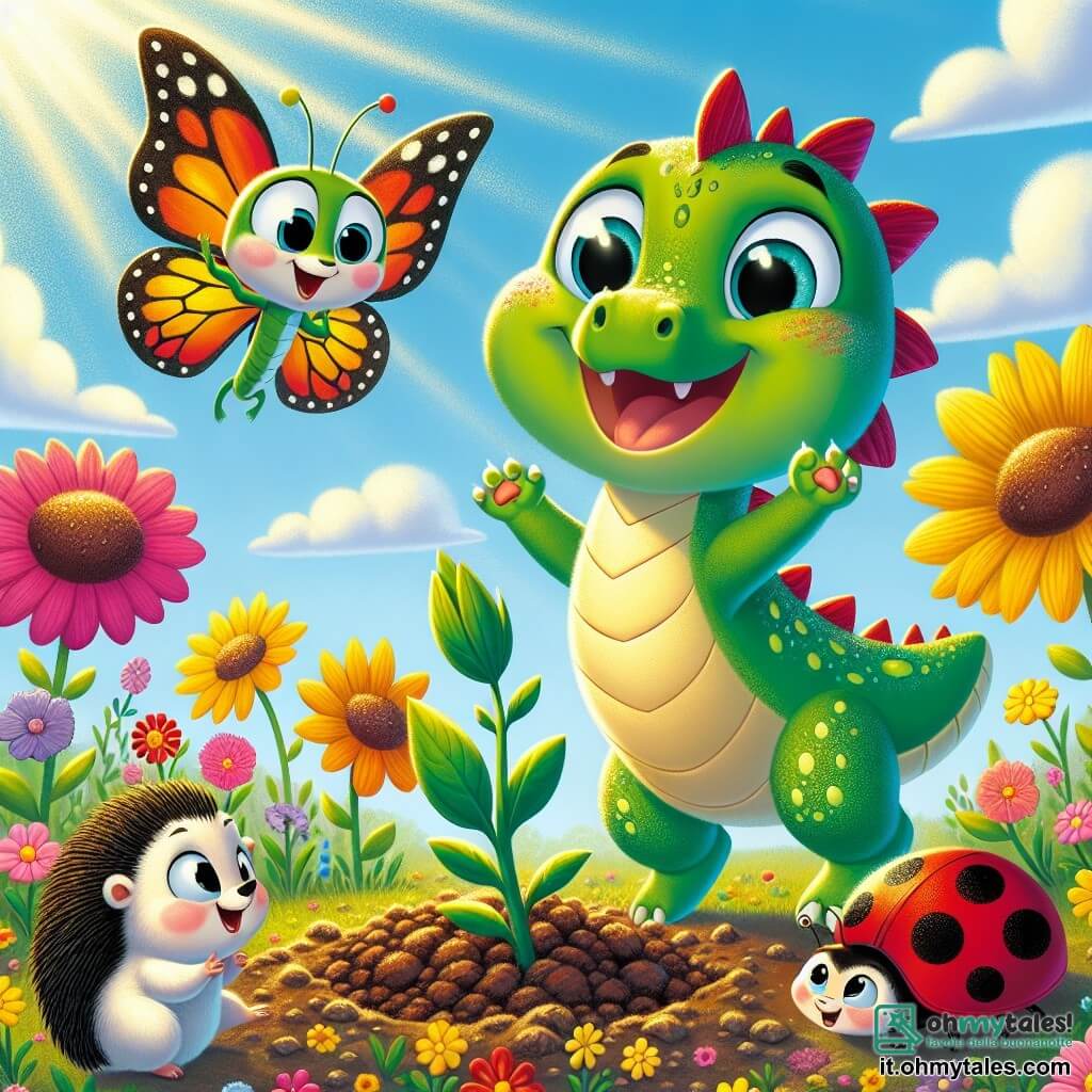 Un piccolo drago verde di nome Luca, con scaglie scintillanti e occhi brillanti come stelle, salta di gioia in un giardino fiorito, con un ampio sorriso sul volto. Accanto a lui, una farfalla colorata di nome Tina, con ali multicolori, vola intorno a lui, il suo viso radioso di eccitazione. Più vicino al suolo, una coccinella rossa a pois neri, Lila, osserva il terreno con meraviglia, mentre un piccolo riccio di nome Rino, con spine morbide e un'espressione curiosa, guarda il giardino con un sorriso soddisfatto. Il luogo è un magnifico giardino primaverile, pieno di fiori dai colori vivaci, sotto un cielo blu chiaro punteggiato di nuvole bianche e soffici. I raggi di sole illuminano la scena, creando un'atmosfera gioiosa e calorosa. La scena principale mostra Luca e i suoi amici intenti a piantare una piantina nel terreno, circondati da fiori che danzano al vento, mentre cantano insieme per incoraggiare la crescita del nuovo piccolo germoglio.