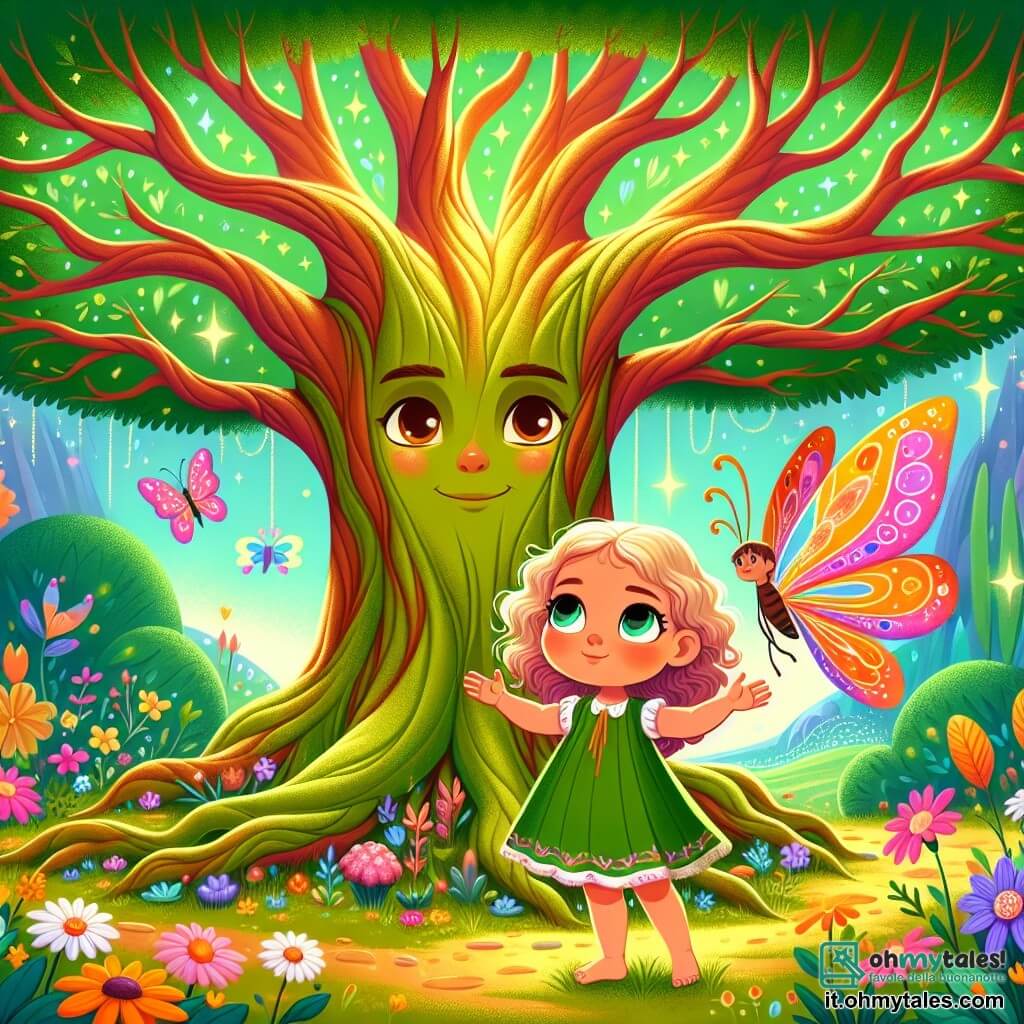 Una bambina di un anno, di nome Luna, con grandi occhi brillanti e riccioli dorati, si trova ai piedi di un maestoso albero con foglie verdi scintillanti. Sorride meravigliata, con le braccia aperte, pronta ad abbracciare il mondo. Accanto a lei, una farfalla magica, con ali multicolori che brillano come gemme al sole, vola graziosamente, illuminando la scena con la sua presenza fatata. Il luogo è un giardino incantevole, pieno di fiori dai colori vivaci, erbe alte e il dolce mormorio di un ruscello vicino. L'albero, imponente e antico, si erge al centro, con le radici che si estendono come braccia protettive attorno a Luna. In questa situazione, Luna ascolta attentamente la dolce voce dell'albero, che le sussurra parole di saggezza su verità e luce, mentre la farfalla la incoraggia a scoprire le meraviglie del suo cuore.
