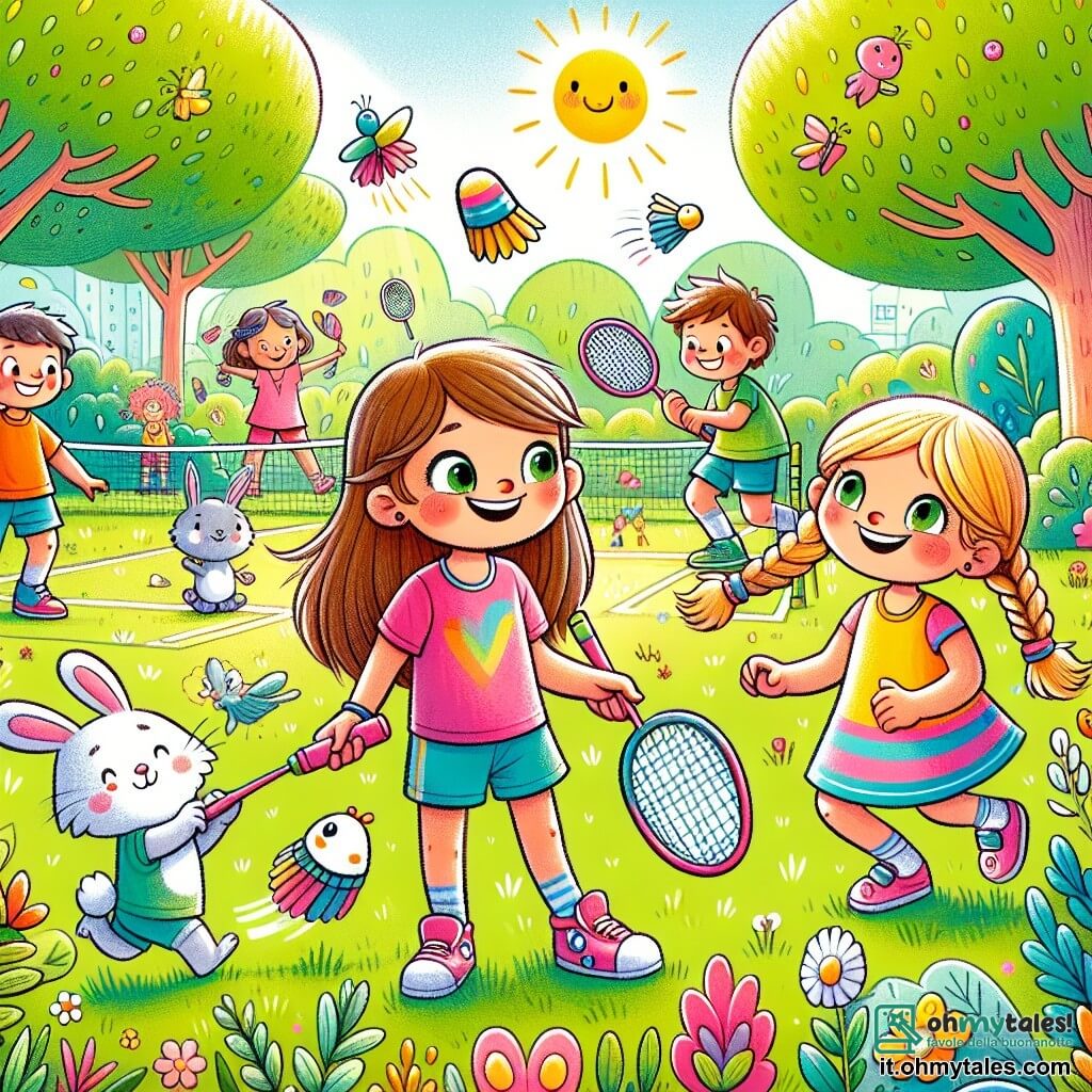 In un parco soleggiato, tre personaggi principali si trovano al centro dell'immagine. **Sara**, una ragazza di 10 anni con lunghi capelli castani, indossa una maglietta rosa e un pantaloncino blu, tiene una racchetta da badminton colorata e sorride felicemente. **Chiara**, una ragazza di 9 anni con capelli biondi intrecciati, indossa un vestito giallo e guarda con determinazione il volano che vola via. **Piuma**, un piccolo coniglio blu con grandi orecchie, si trova vicino a Sara, saltellando con entusiasmo e con gli occhi scintillanti di gioia. Il parco è ricco di verde, con alberi maestosi e fiori colorati che danzano nel vento. Sullo sfondo, un gruppo di bambini gioca e ride, creando un'atmosfera gioiosa e dinamica. La scena principale mostra Sara e Chiara pronte a colpire il volano, mentre Piuma le incoraggia con un grande sorriso. L'energia e l'eccitazione del loro gioco di badminton sono palpabili, illustrando l'amicizia e il piacere dello sport.