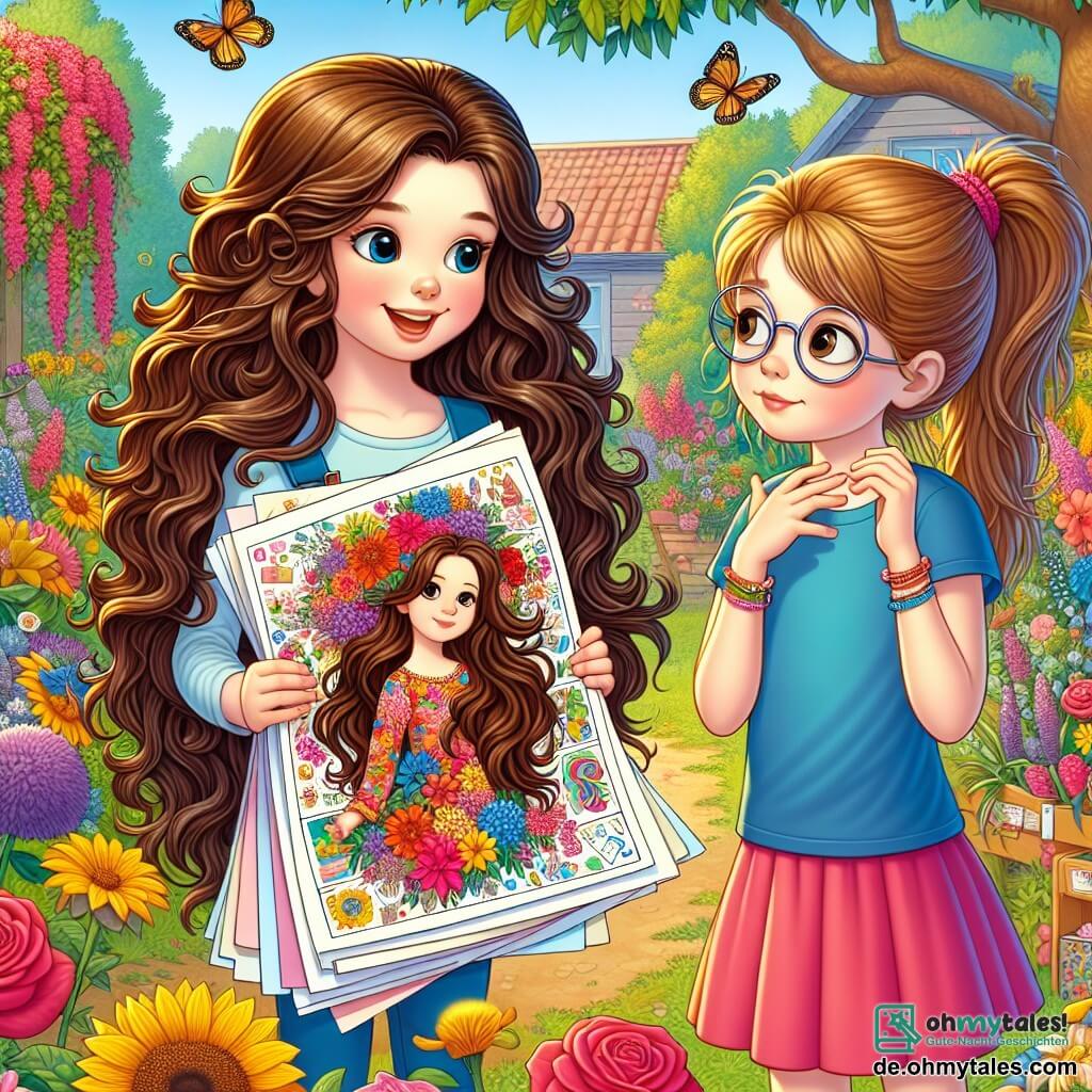 In einem sonnigen Garten sind zwei Mädchen versammelt. Mia, ein neunjähriges Mädchen mit langen braunen Haaren und fröhlichen Locken, trägt ein buntes Blumenkleid und lächelt begeistert. Sie steht links und hält ein großes Blatt Papier mit bunten Zeichnungen. Neben ihr steht Lina, ebenfalls neun Jahre alt, mit kastanienbraunen Haaren und runden Brillen, gekleidet in ein blaues T-Shirt und einen rosa Rock. Sie schaut schüchtern auf ihre eigenen Zeichnungen, mit einem leichten Lächeln im Gesicht, aber einem Hauch von Zögern in den Augen. Der Garten ist voll von leuchtenden Blumen in allen Farben: roten Rosen, gelben Sonnenblumen und zarten Veilchen. Im Hintergrund spendet ein großer Baum Schatten, und Schmetterlinge tanzen um die Blumen. Die Hauptsituation zeigt Mia, die Lina ermutigt, selbstbewusst ihre Zeichnungen zu teilen, während Freunde sich um sie versammeln, applaudieren und die Kunstwerke bewundern. Die Atmosphäre ist fröhlich und unterstützend, was das Thema Selbstvertrauen und Freundschaft veranschaulicht.