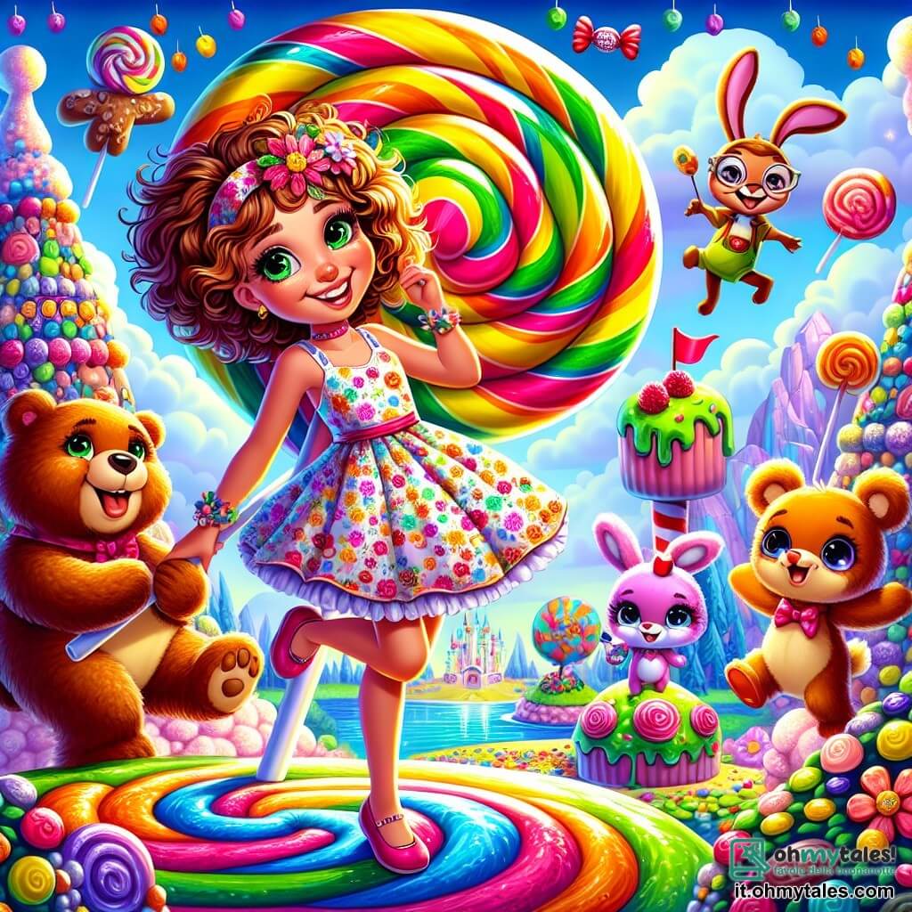 Al centro dell'immagine, una ragazza di 10 anni, Livia, con capelli ricci e occhi scintillanti, sorride meravigliata mentre si trova su un grande albero di caramelle, circondata da foglie di zucchero colorate. Indossa un vestito a fiori multicolori e tiene un enorme lecca-lecca in mano, guardando con gioia un gruppo di personaggi intorno a lei. Alla sua destra, un orsetto di peluche gigante, morbido e soffice, balla felicemente su un ramo di marshmallow. Alla sua sinistra, Benny, un coniglietto con occhiali rotondi, sta giocolando con caramelle, ridendo con entusiasmo. Più lontano, una tartaruga danzante con un cappello di festa si muove lentamente a ritmo, aggiungendo un tocco di follia alla scena. Il decor è l'Isola delle Caramelle, un luogo magico dove gli alberi sono fatti di liquirizia, i fiumi scorrono con cioccolato caldo e le montagne sono coperte di gelato colorato. Il cielo è di un blu splendente, punteggiato da nuvole a forma di marshmallow. La scena principale mostra Livia e i suoi amici in festa, circondati da caramelle volanti che danzano intorno a loro, mentre un drago di ghiaccio, curioso e divertito, si avvicina per assaporare un grande barattolo di nutella che Livia gli porge, creando un'atmosfera gioiosa e stravagante.